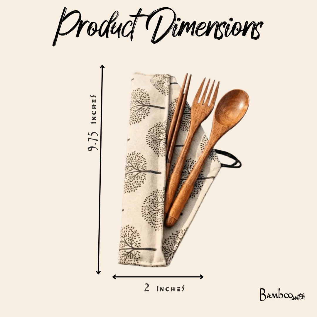 Wooden cutlery set with a napkin on a white background, showing product dimensions.