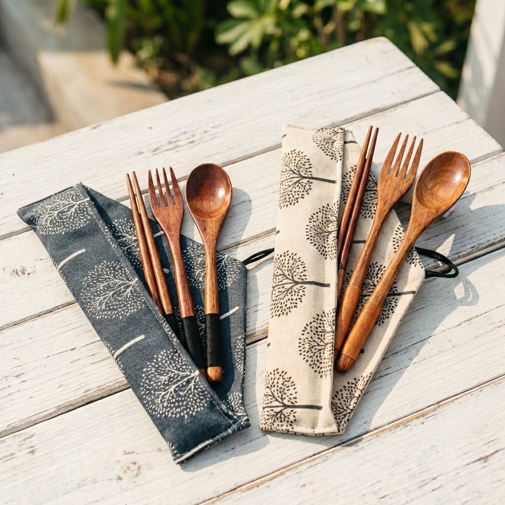 Wooden cutlery set with black handles on patterned cloths on a wooden surface.