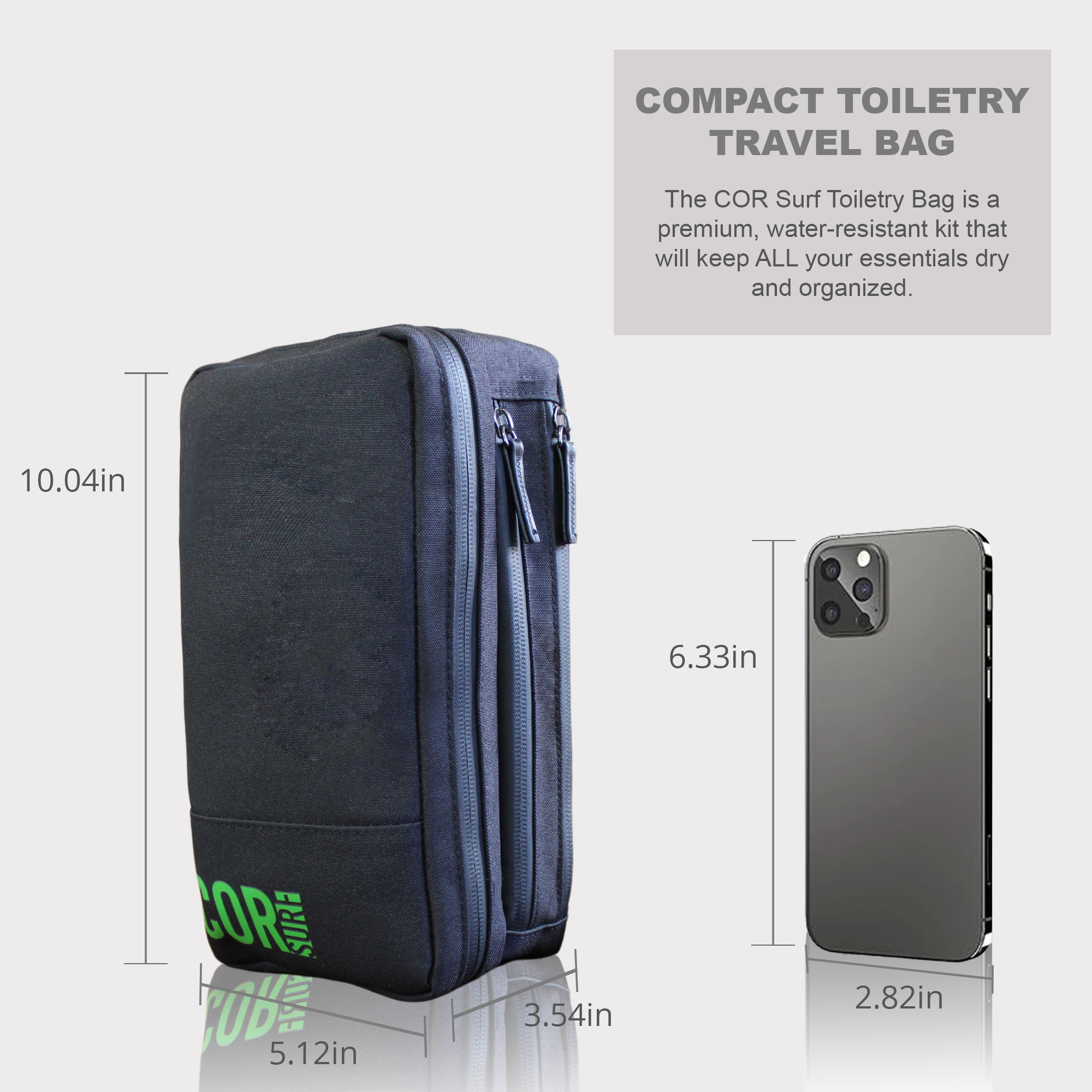 Compact toiletry travel bag with dimensions and phone for scale on a white background