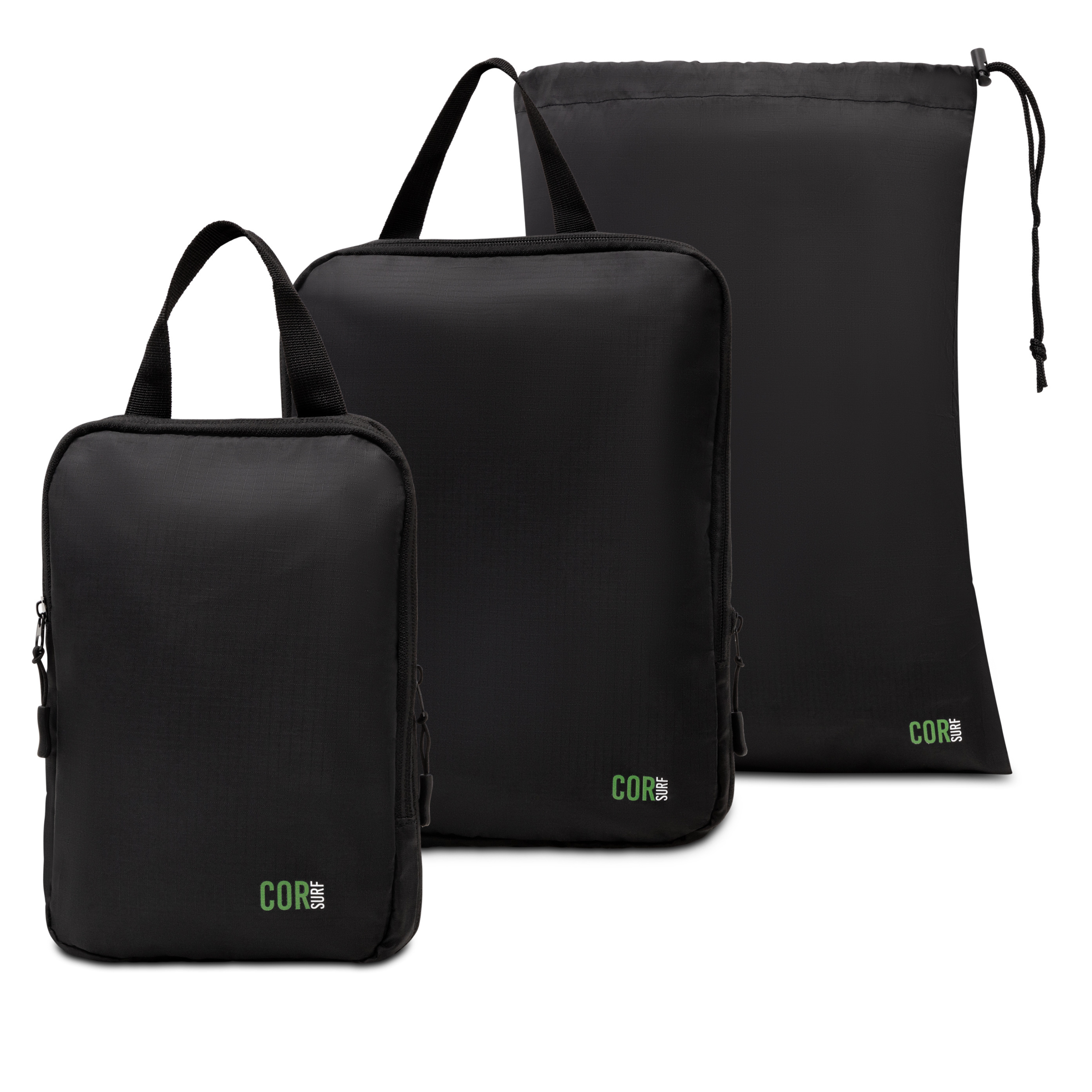 Set of black packing cubes with 'COR' branding on a white background