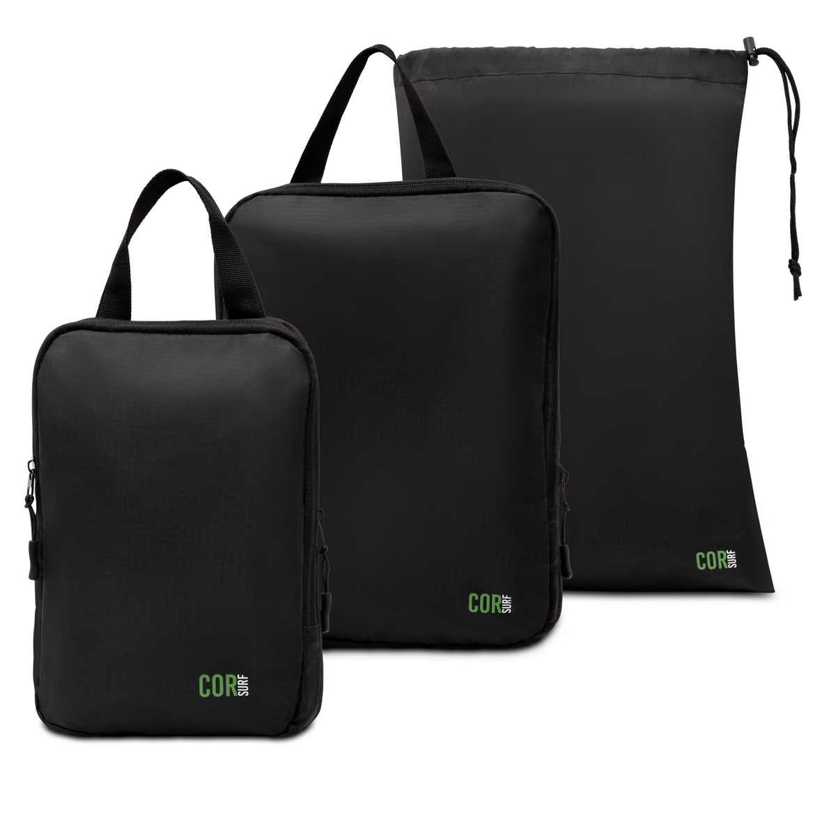 Set of black packing cubes with 'COR' branding on a white background