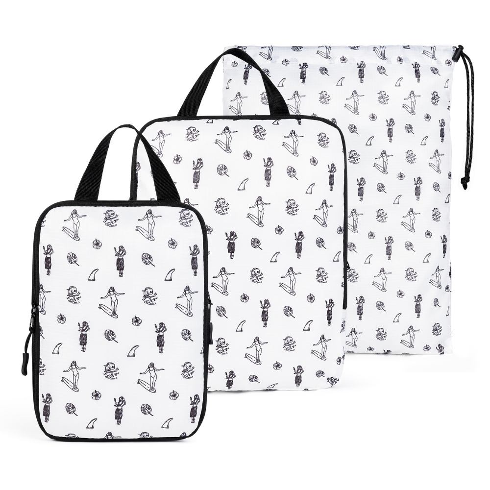 Two white bags with black patterns on a white background
