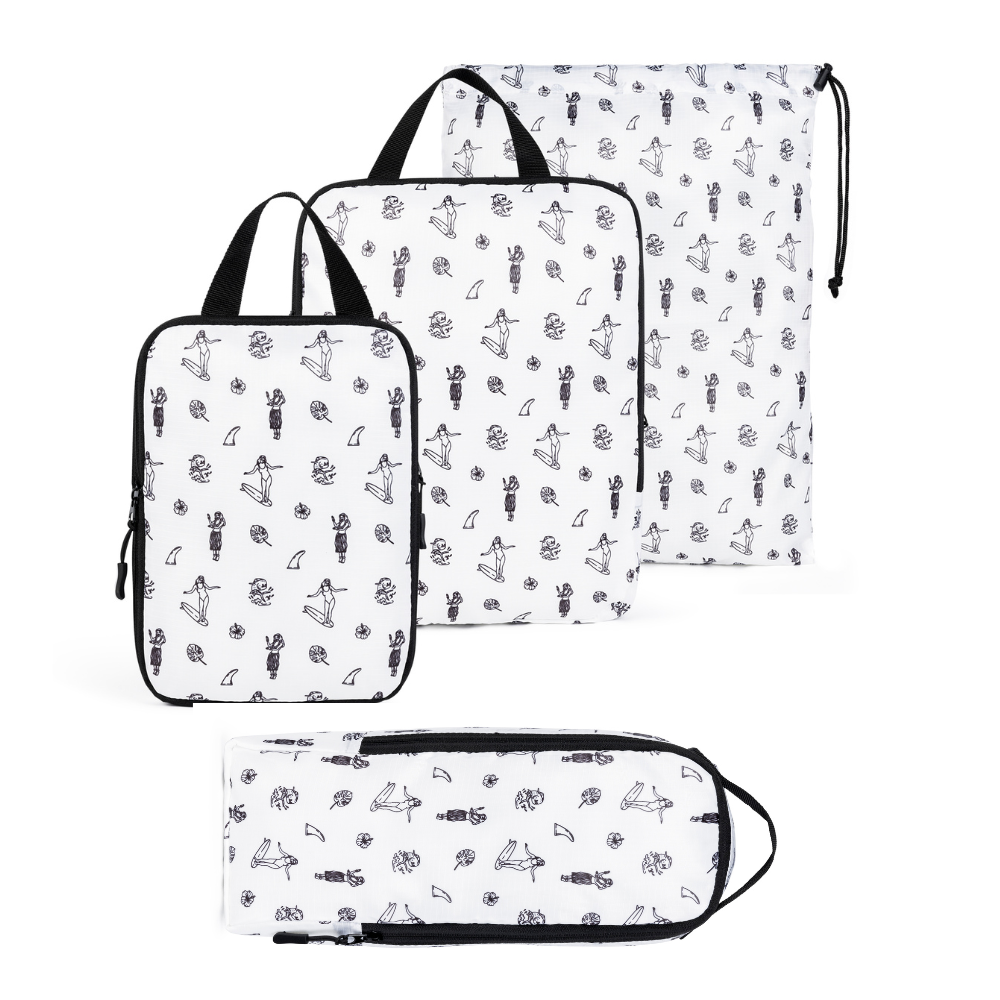 Set of three packing cubes with black patterns on a white background