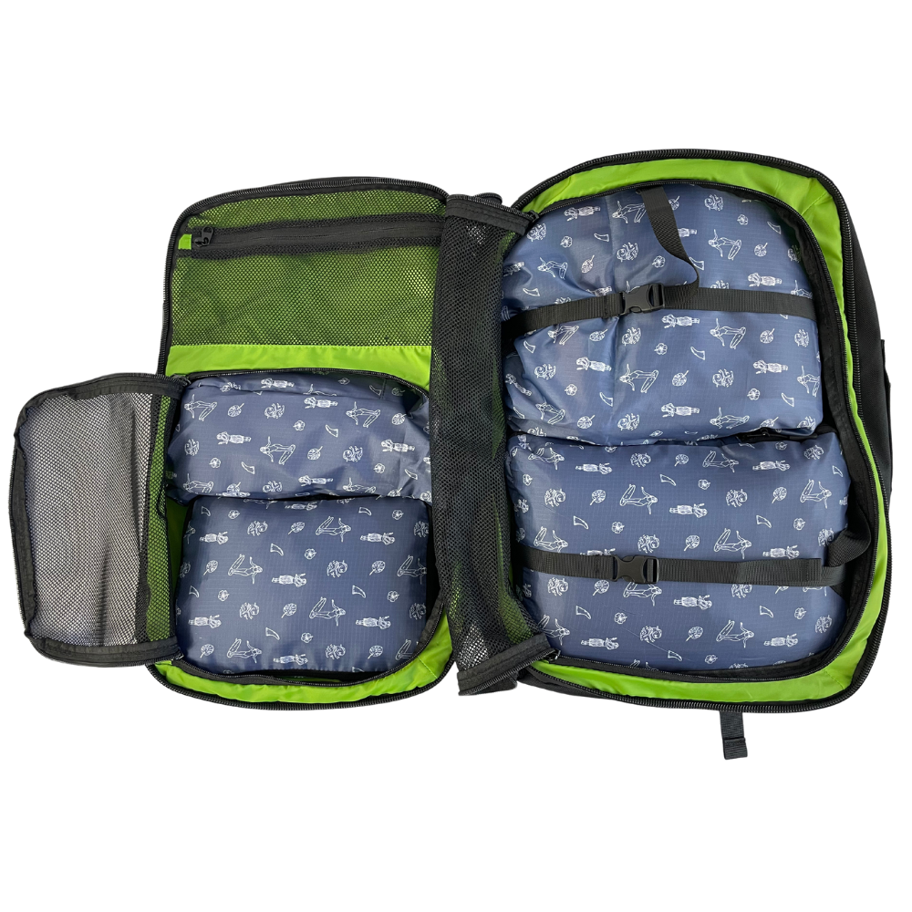 Open travel packing cube with compartments on a white background