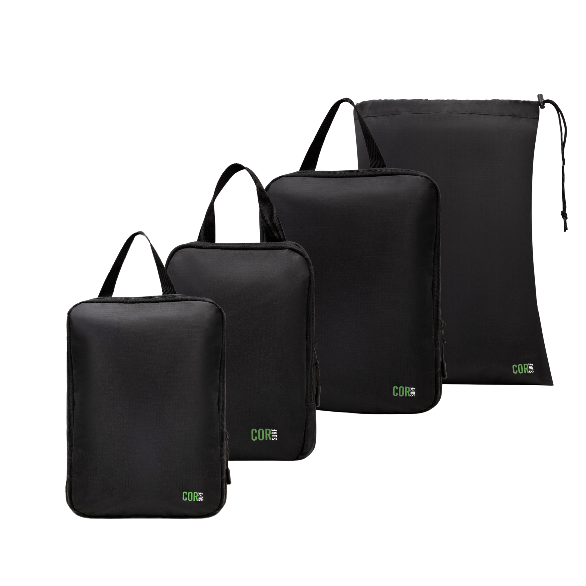 Set of black packing cubes with visible brand logo on a white background