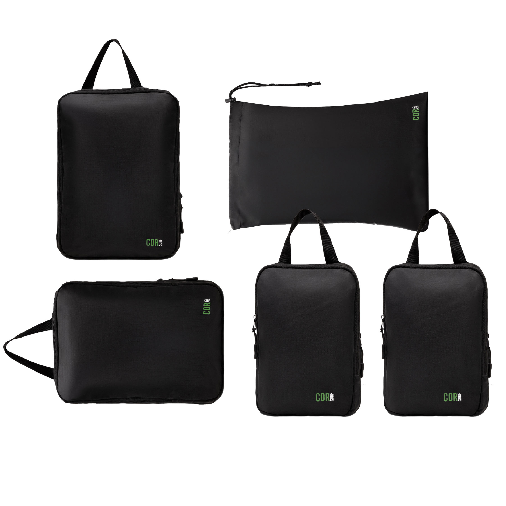 Set of black travel bags with visible brand logo on a white background