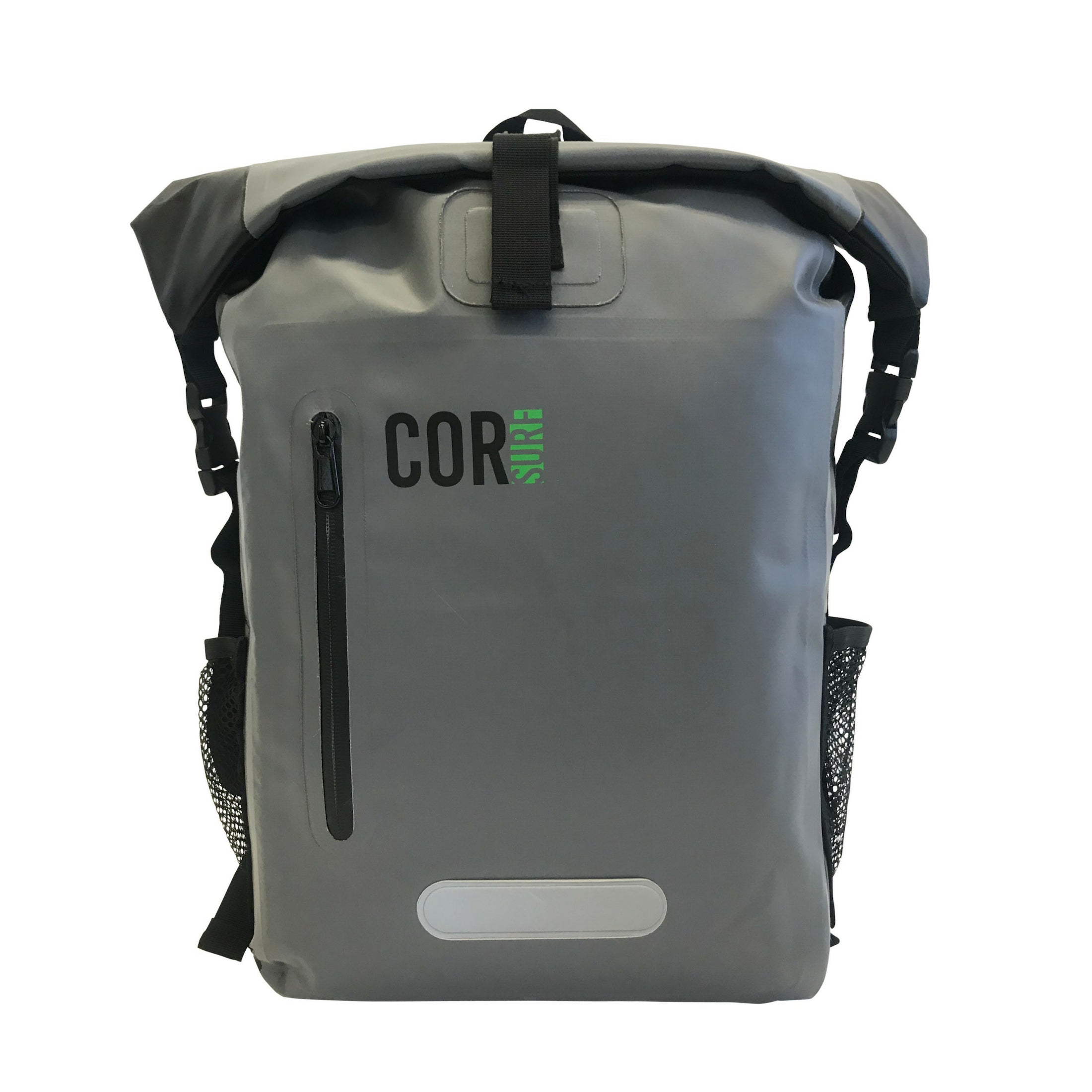Gray backpack with black straps and visible branding on a white background