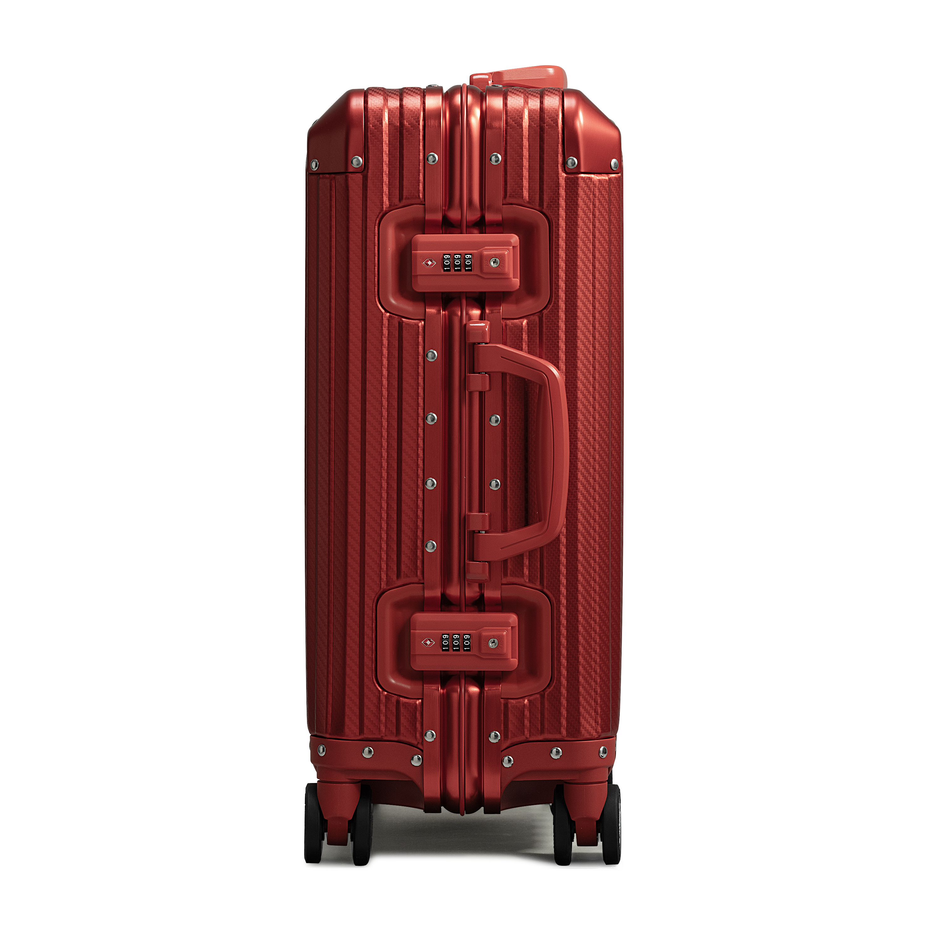 Red suitcase with a textured surface on a white background