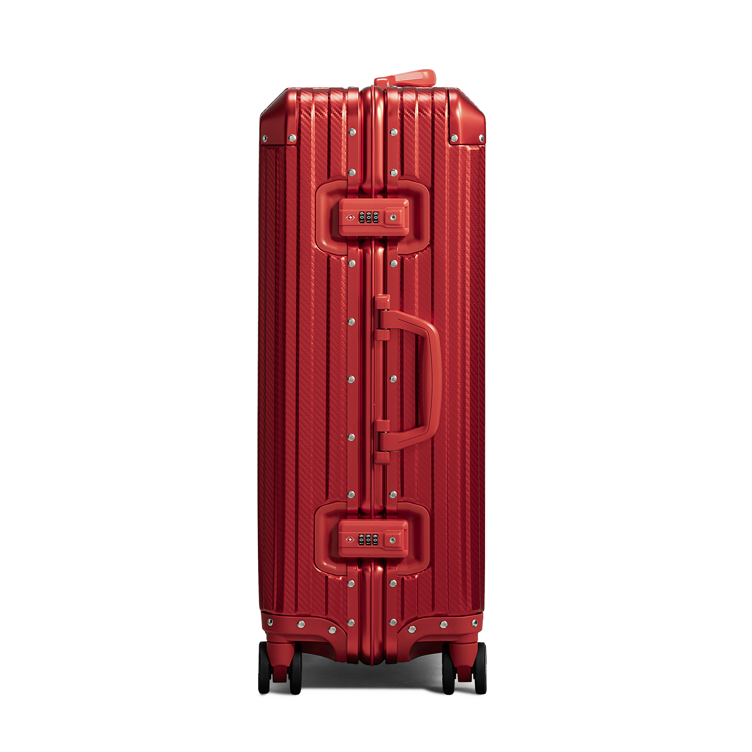 Red suitcase with a textured surface on a white background