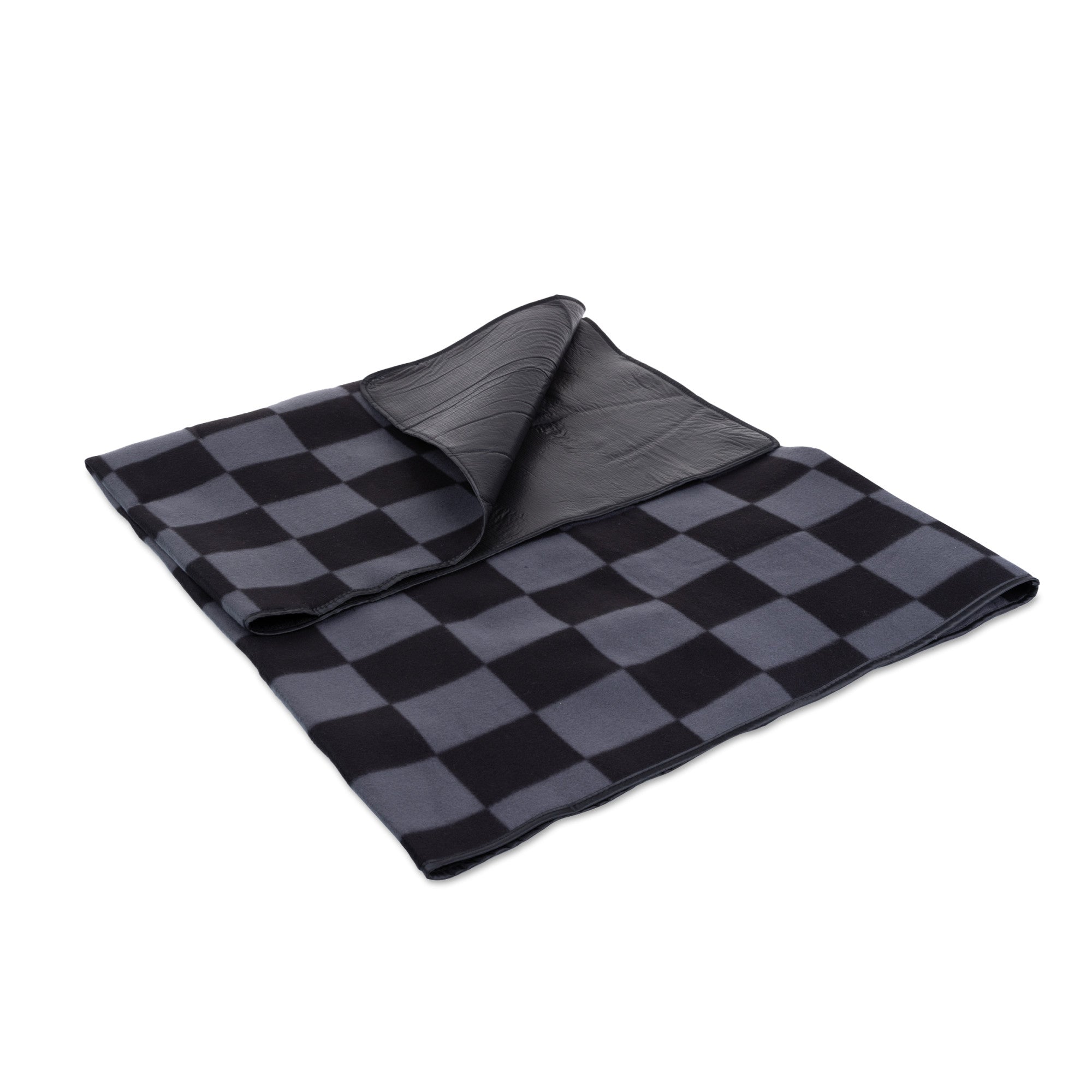 Black and gray checkered blanket on a white background