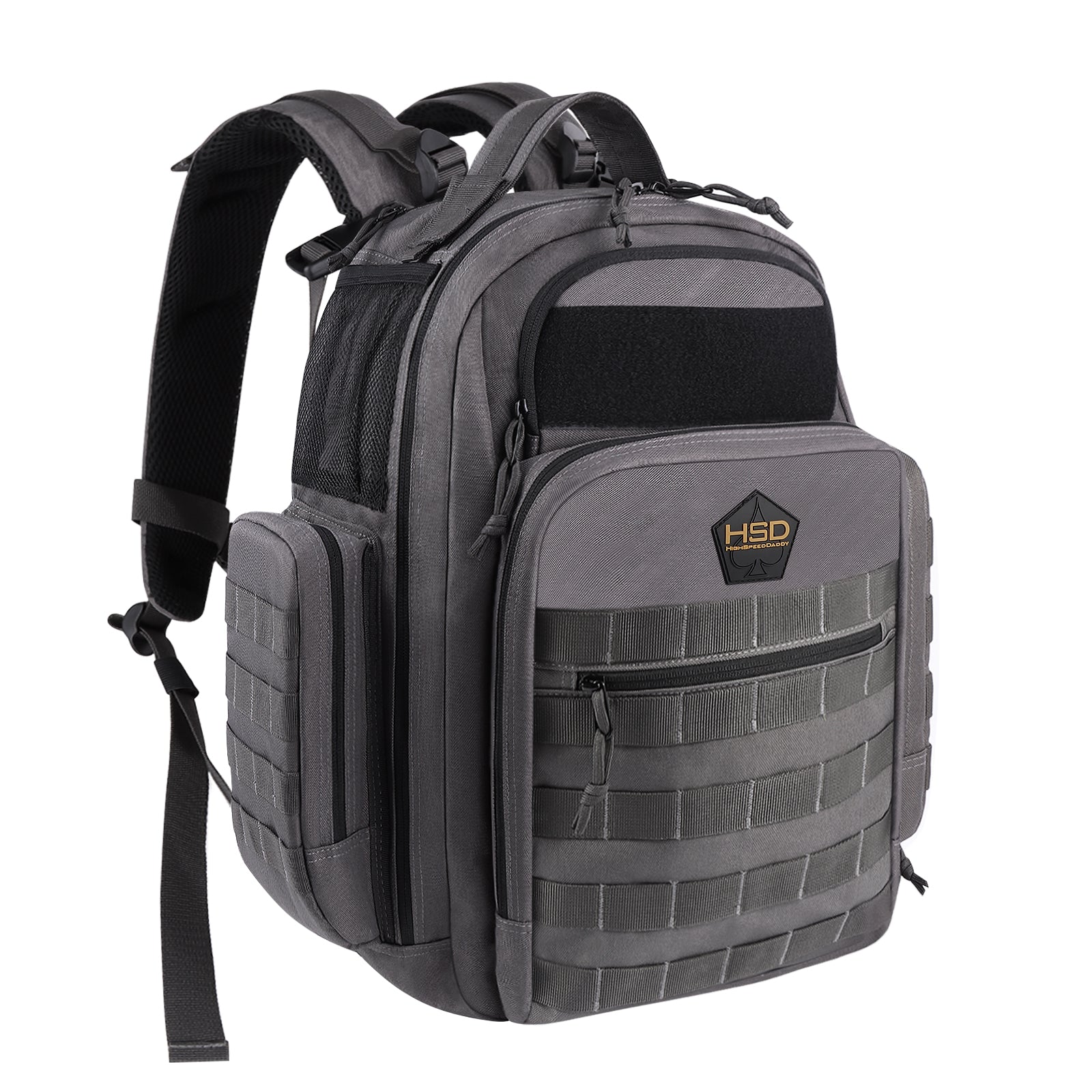 Gray tactical backpack with black accents on a white background