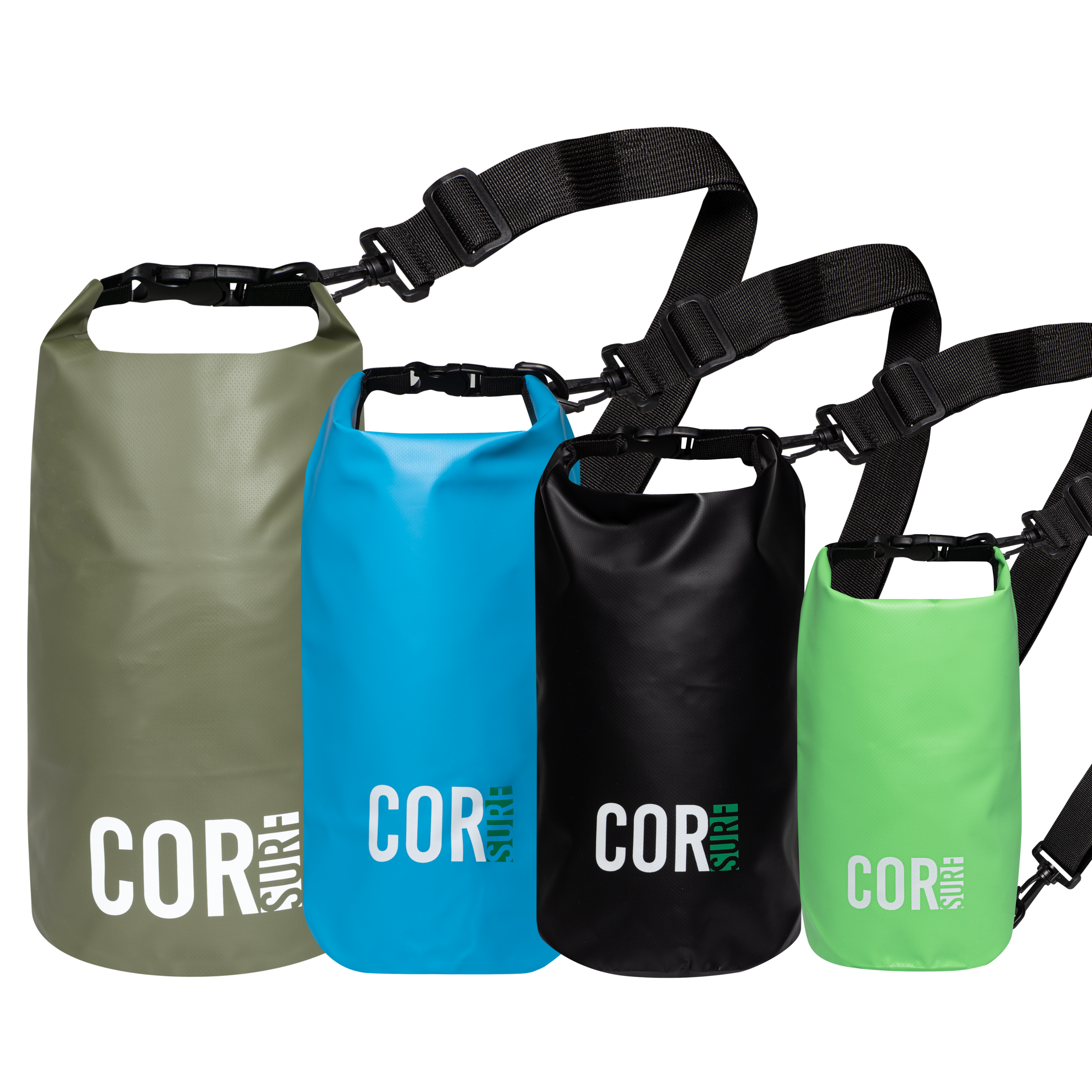 Four COR dry bags in different colors with straps on a white background