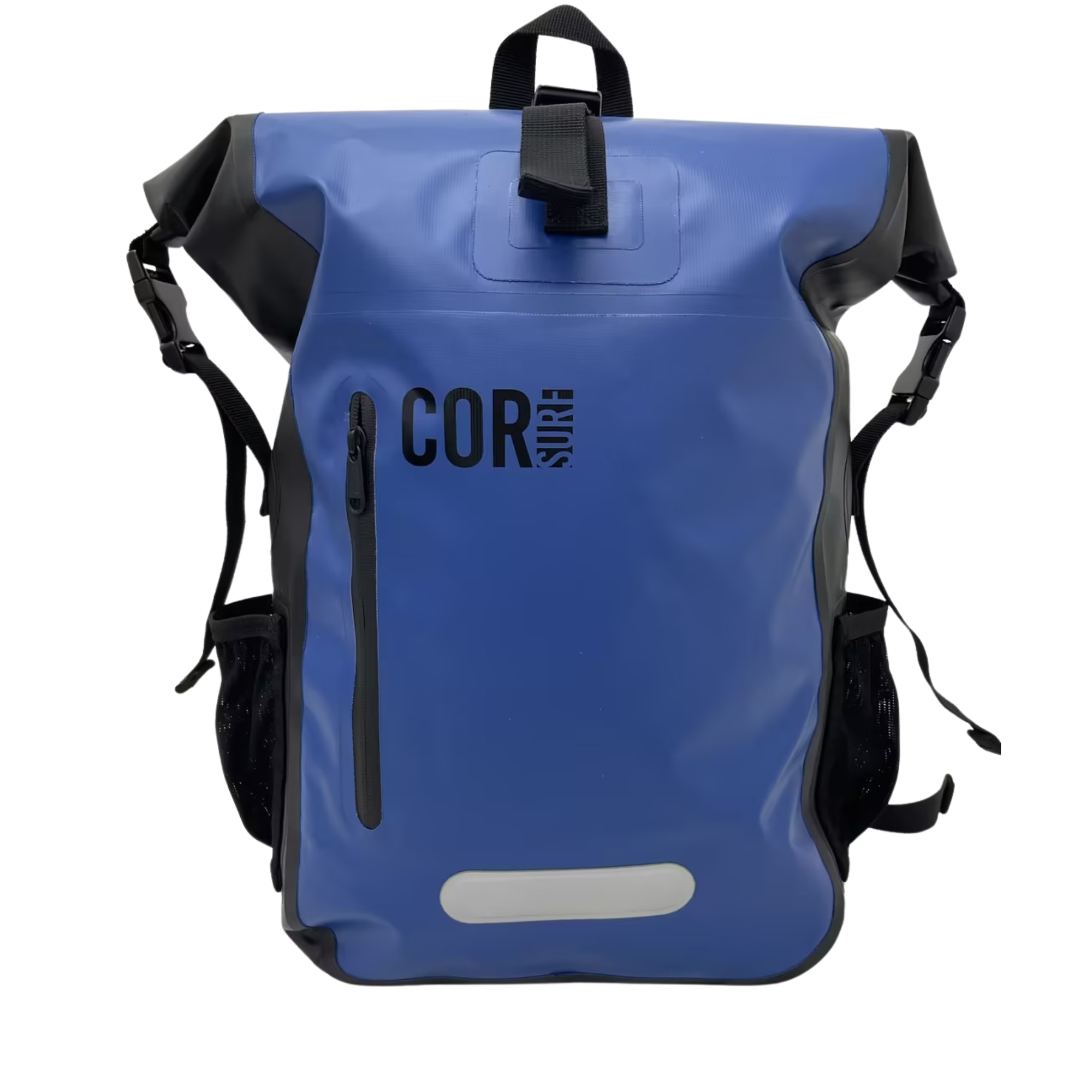 Blue backpack with black straps and visible brand logo on a white background