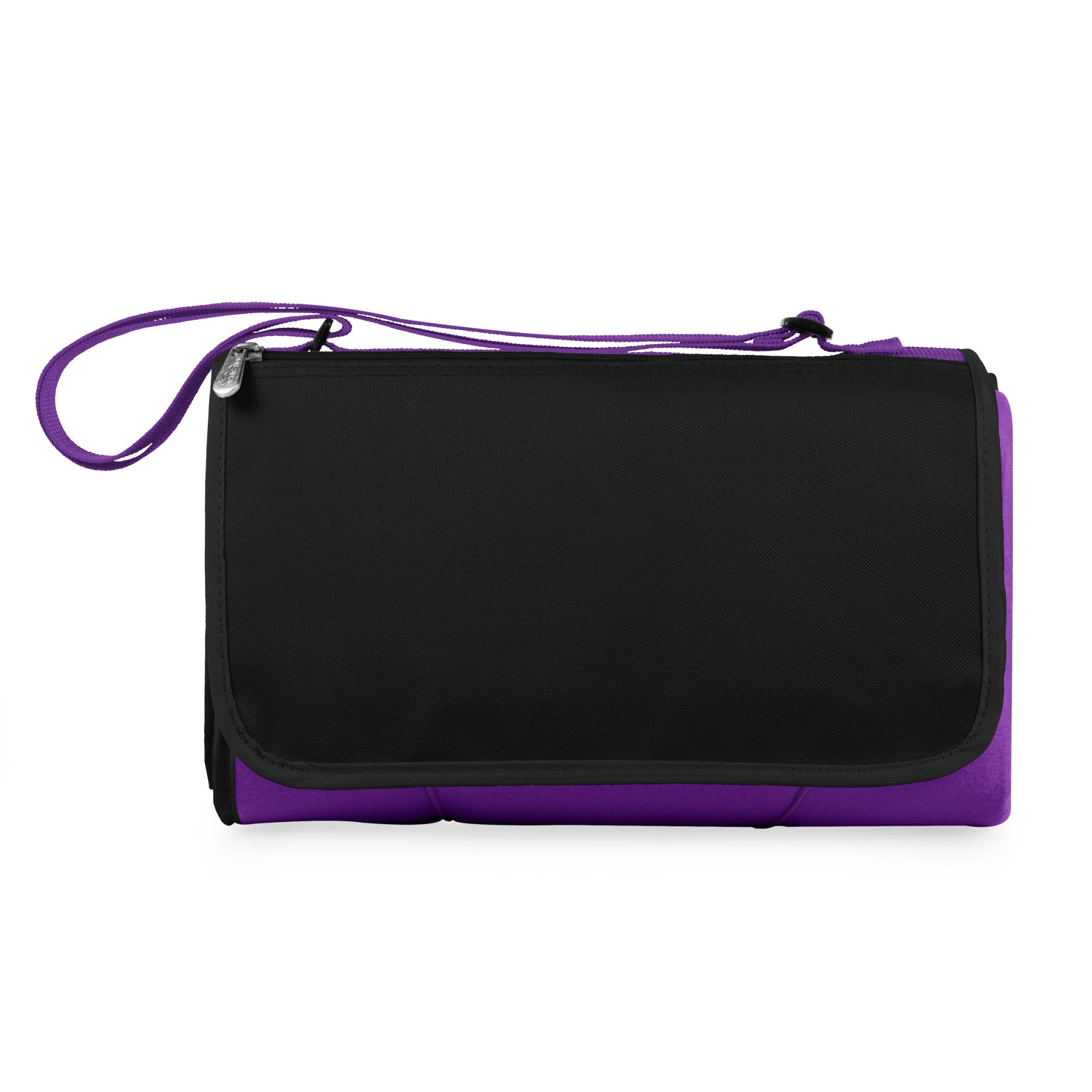 Black and purple bag with a strap on a white background