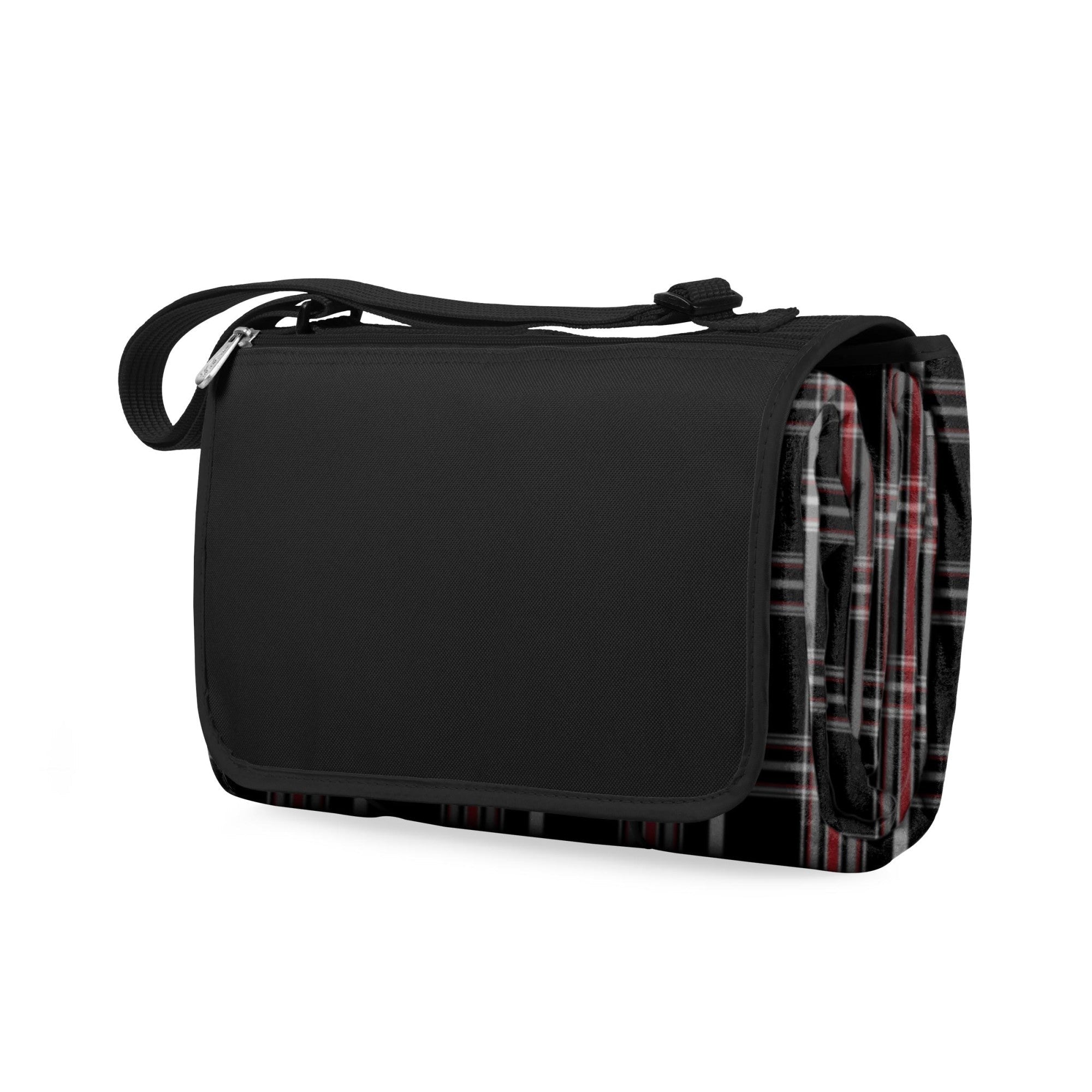 Black messenger bag with plaid pattern on a white background
