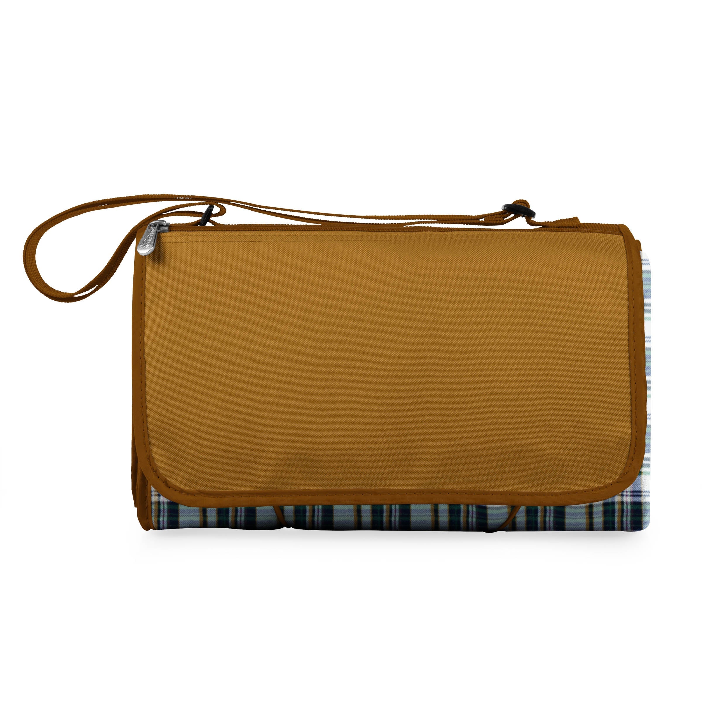 Brown bag with plaid lining on a white background