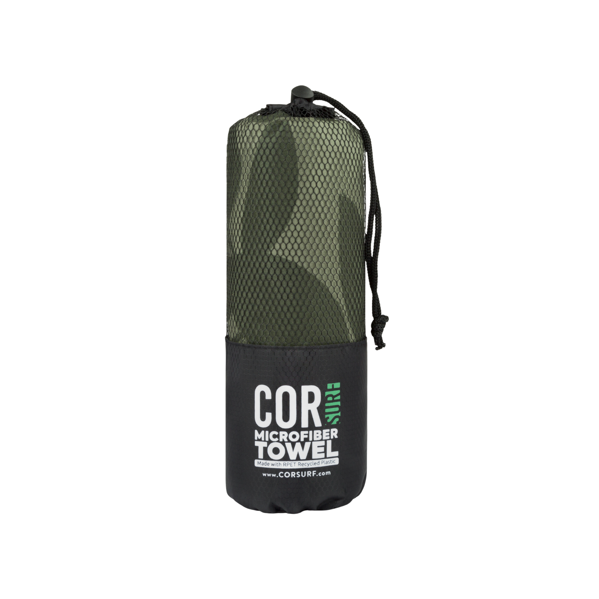 Green microfiber towel in a black mesh bag with 'COR' branding on a white background