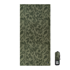 Green leaf-patterned mat with a carrying bag on a white background
