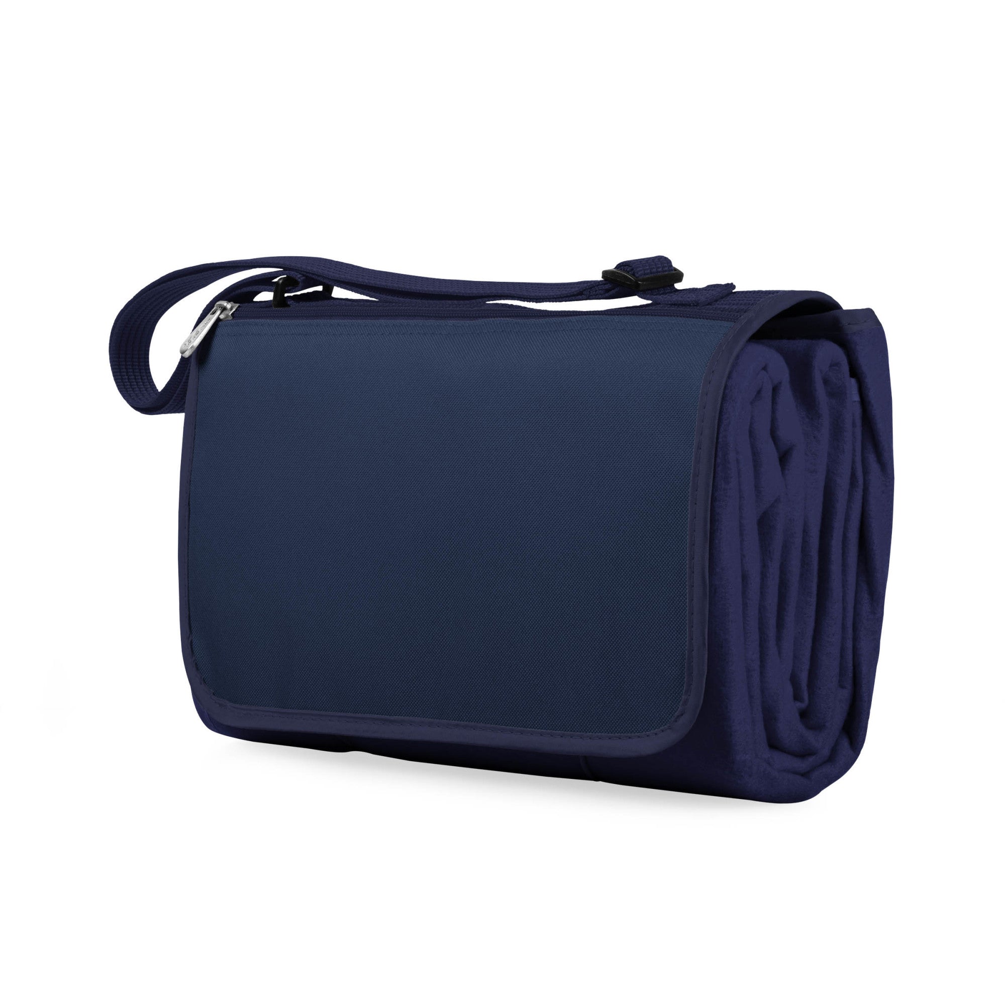 Navy blue roll-up bag with a strap on a white background