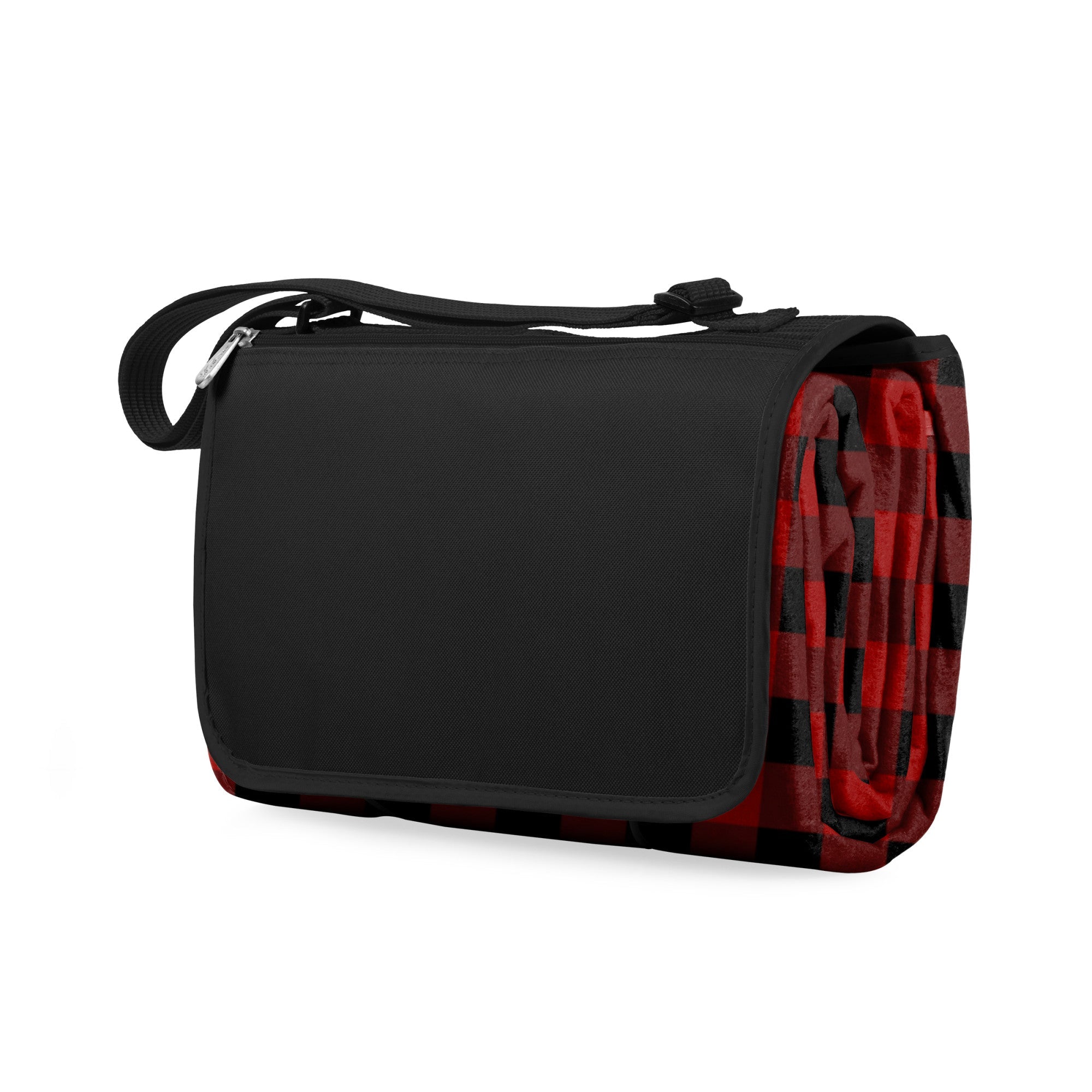 Black bag with a red and black checkered blanket inside on a white background