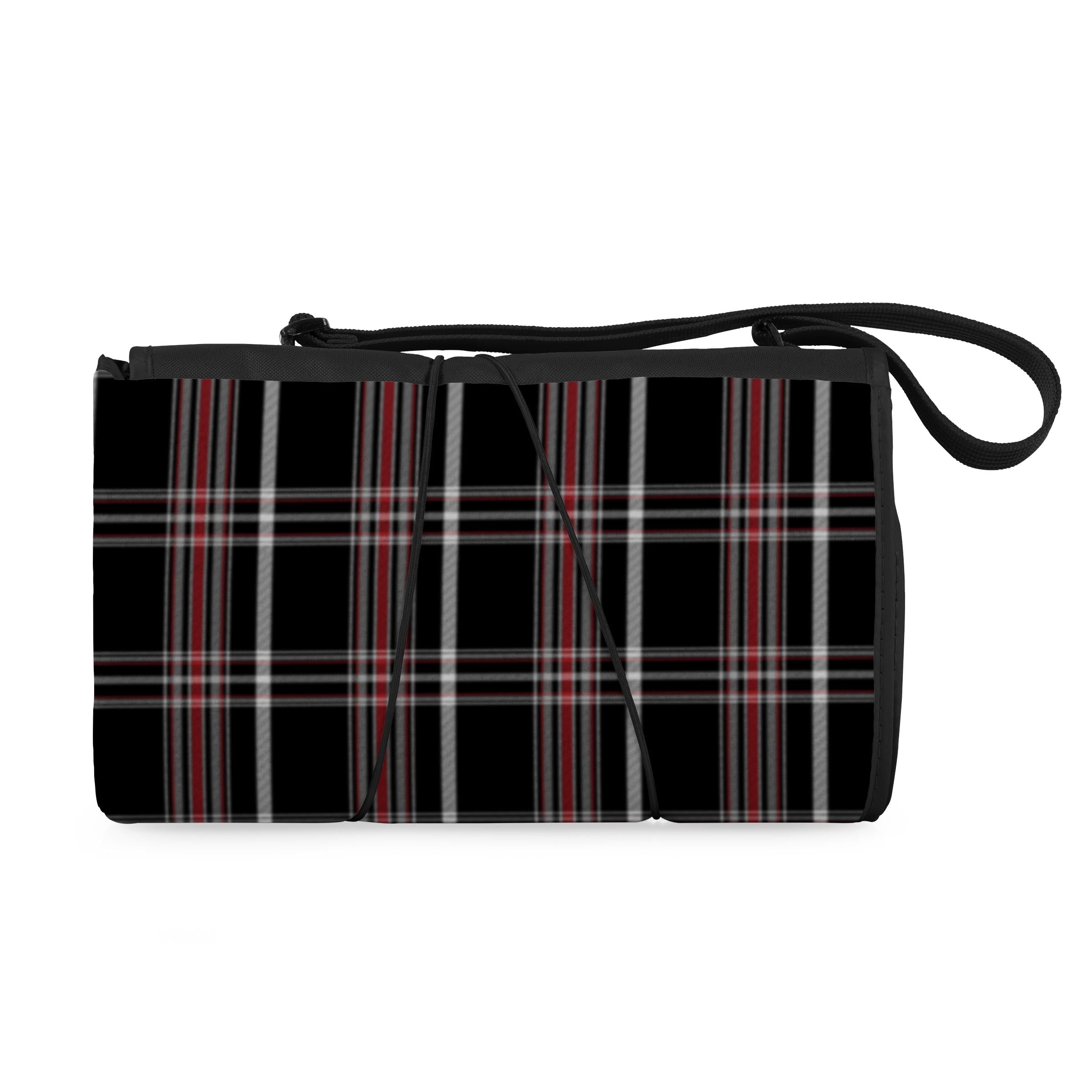Plaid patterned bag with a strap on a white background