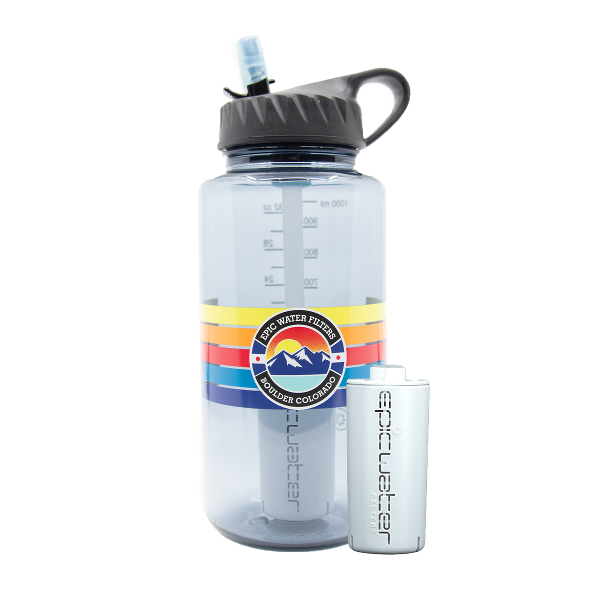 Clear water bottle with colorful label on a white background