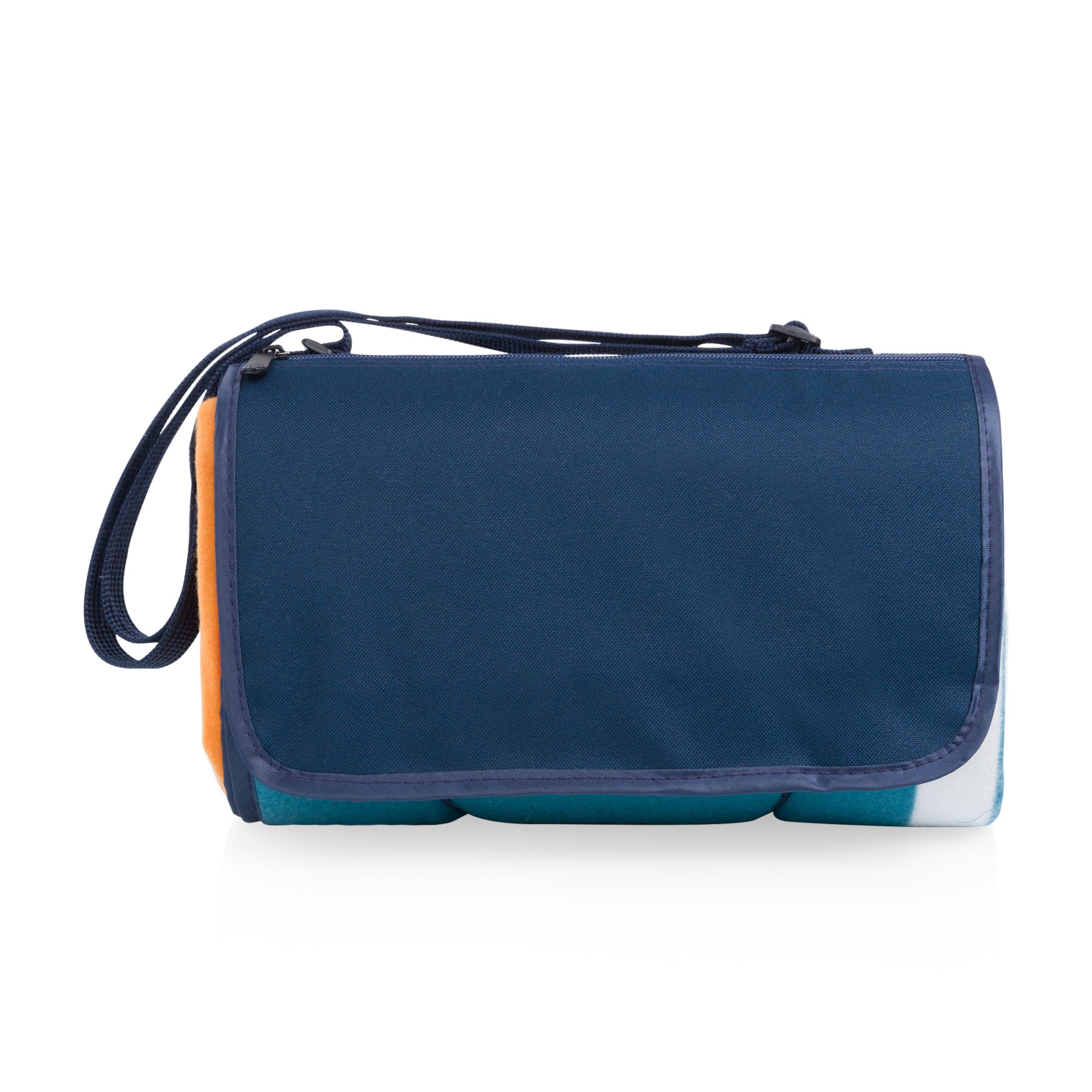 Blue outdoor blanket with a strap on a white background