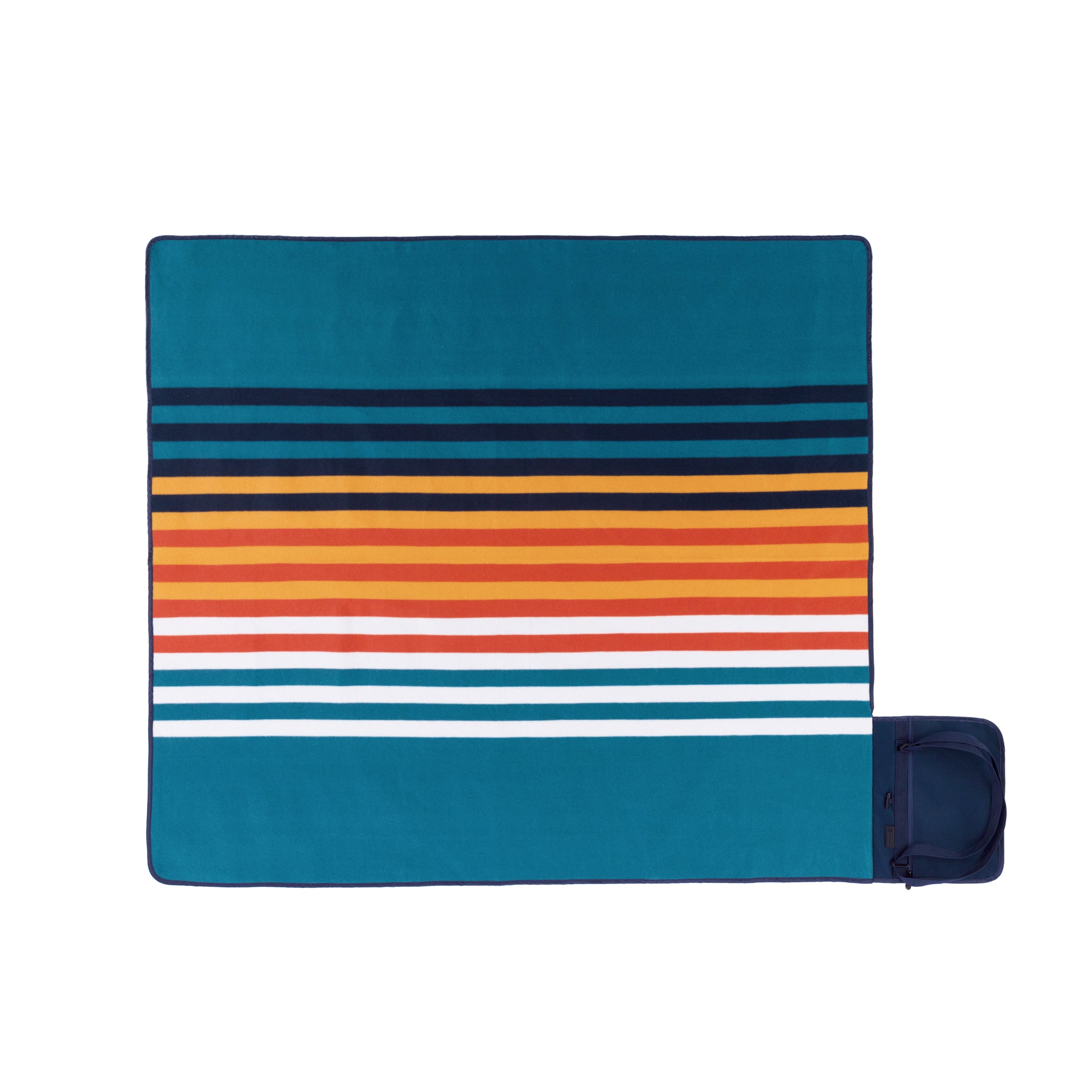 Striped picnic blanket with blue, orange, and white colors on a white background