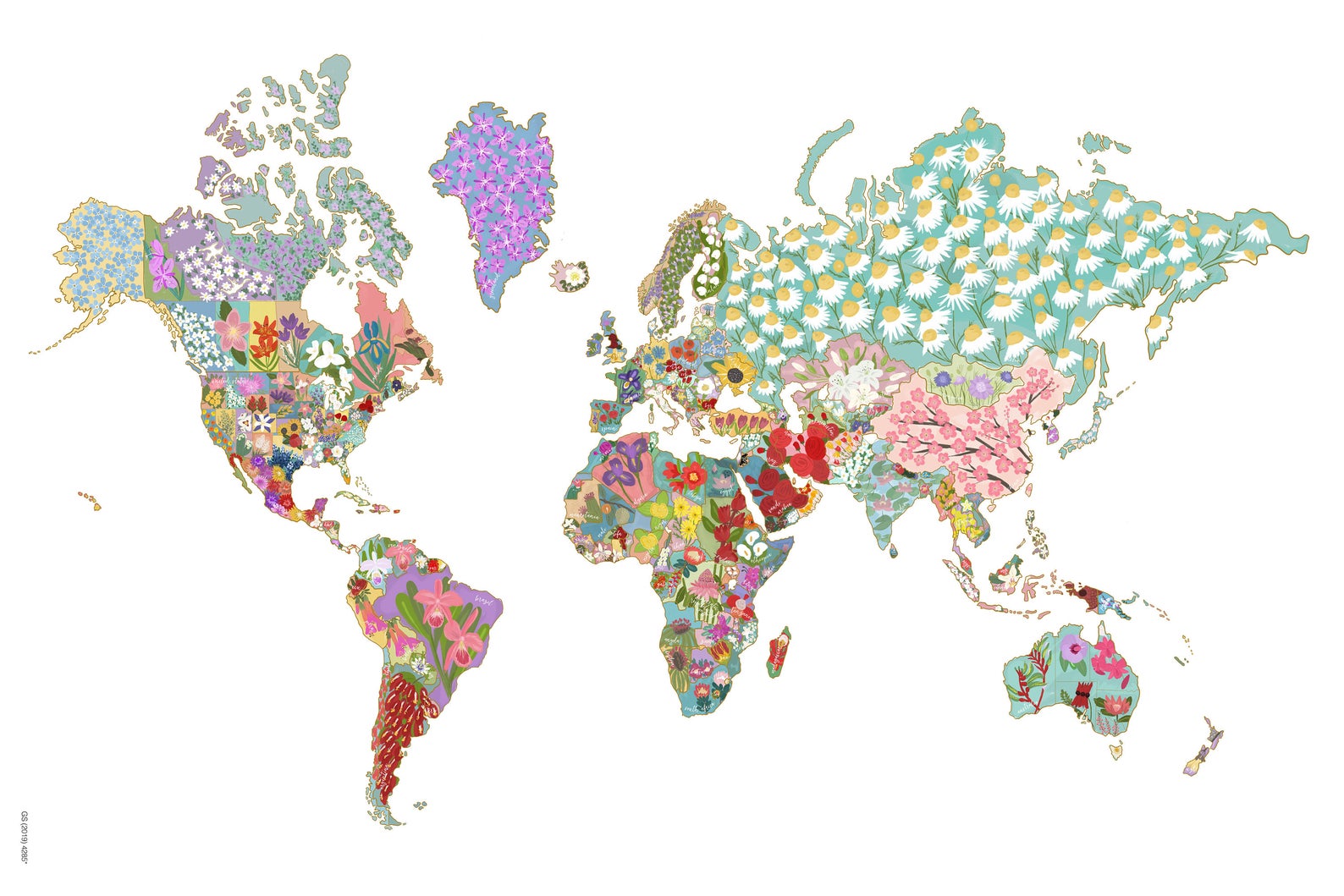 Colorful world map with floral patterns on a white background
