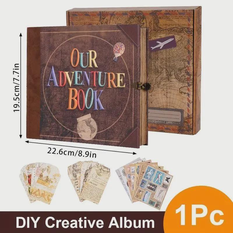 DIY Creative Album with 'Our Adventure Book' text and world map design, including dimensions and accessories.