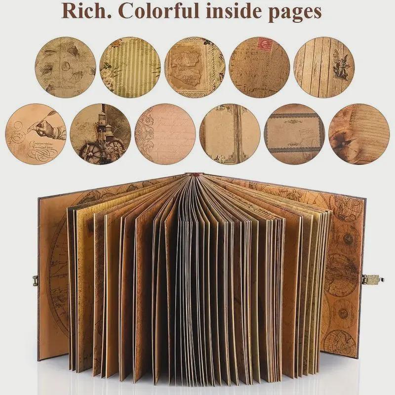 Open book showing detailed interior pages with decorative designs, surrounded by circular images of different page designs.