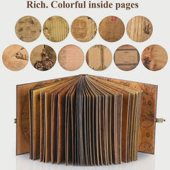 Open book showing detailed interior pages with decorative designs, surrounded by circular images of different page designs.
