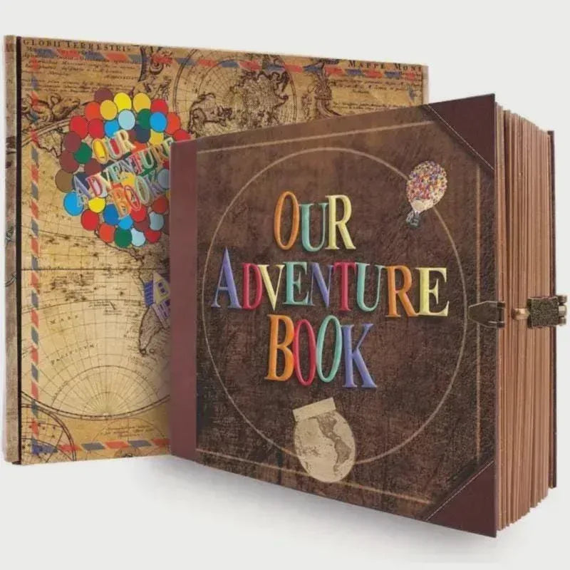 Decorative book titled 'Our Adventure Book' with colorful text on a vintage map background.