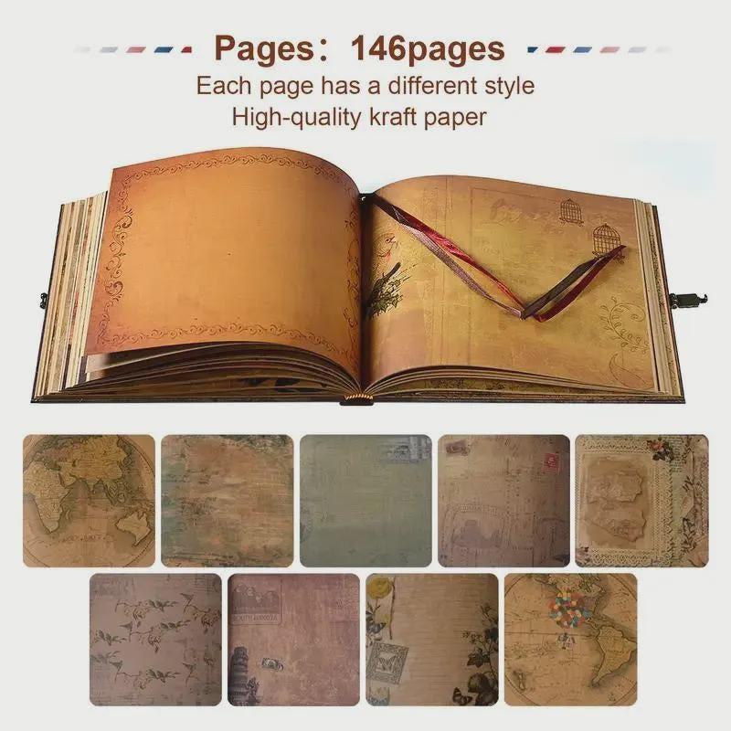 Open book with various styled pages and a pen on a white background