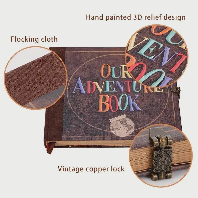 Decorative book with 'Our Adventure Book' text, flocking cloth, and vintage copper lock on a white background.