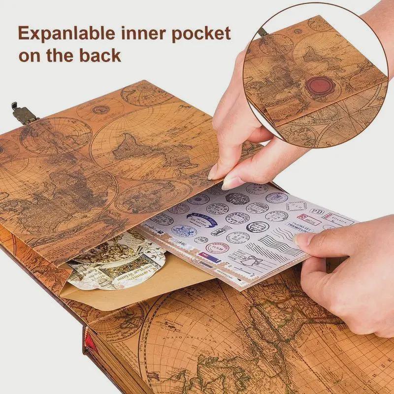 Wooden map-themed notebook with an expandable inner pocket on the back