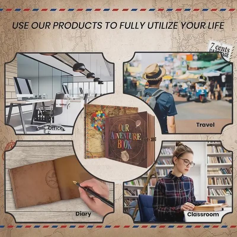 Collage of a person in an office, traveling, and in a classroom with text and images of products.
