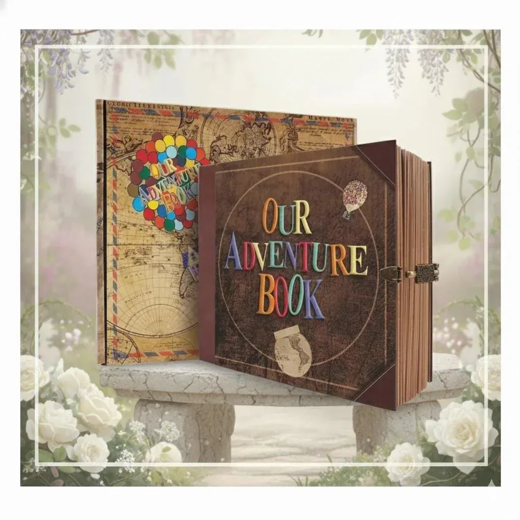 Decorative book titled 'Our Adventure Book' with colorful text, surrounded by flowers and nature.
