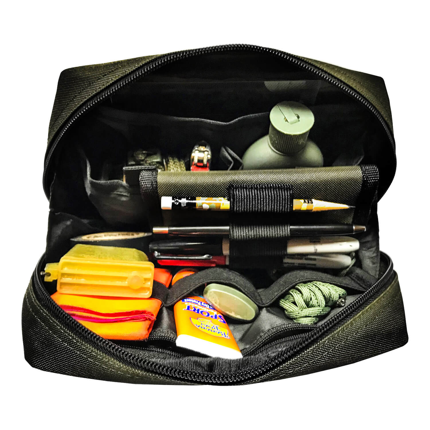 Black pouch with various fishing tools and accessories on a white background