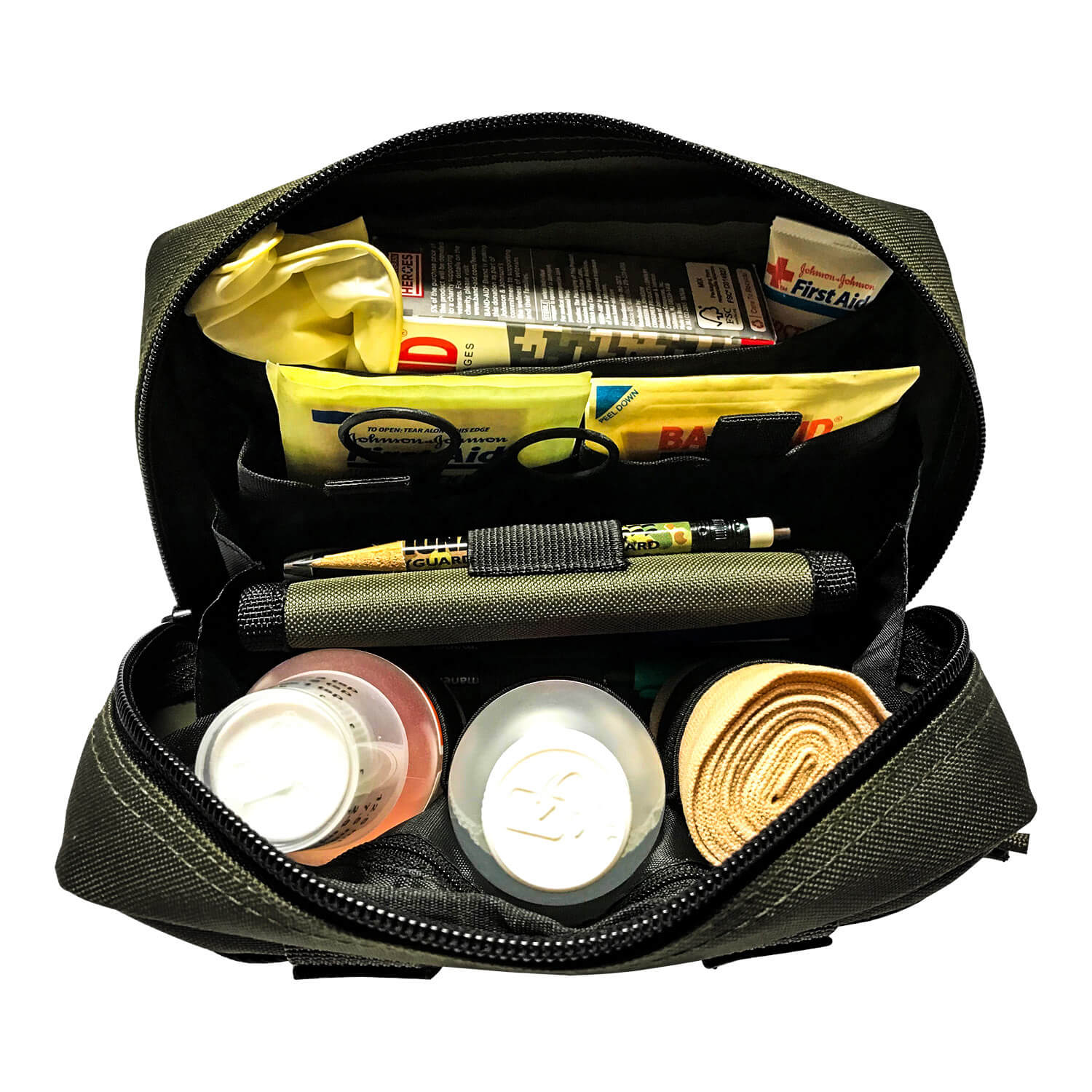 Open black pouch containing various items including a First Aid kit, a pen, and other supplies on a white background.