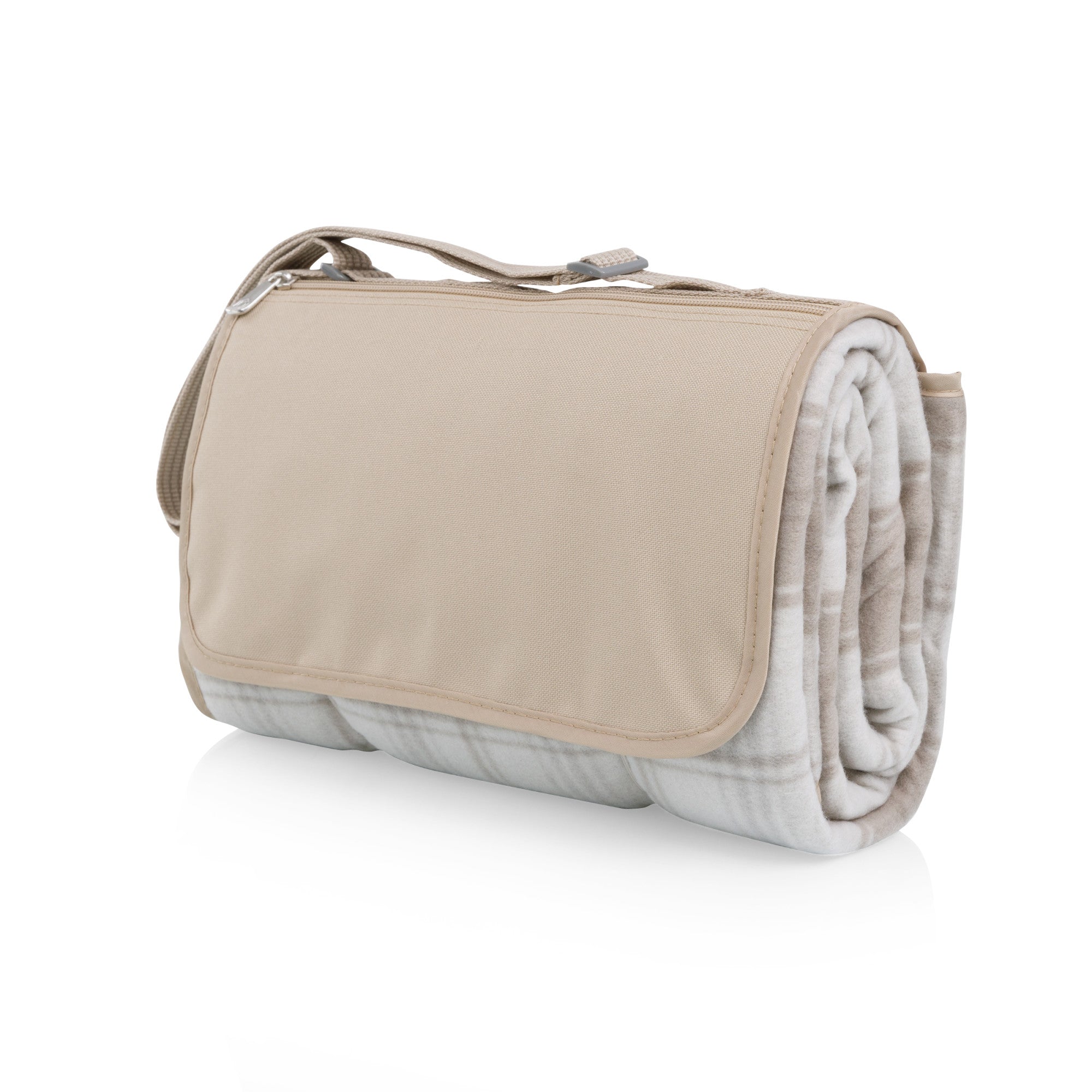 Roll-up picnic blanket with beige border on a white background
