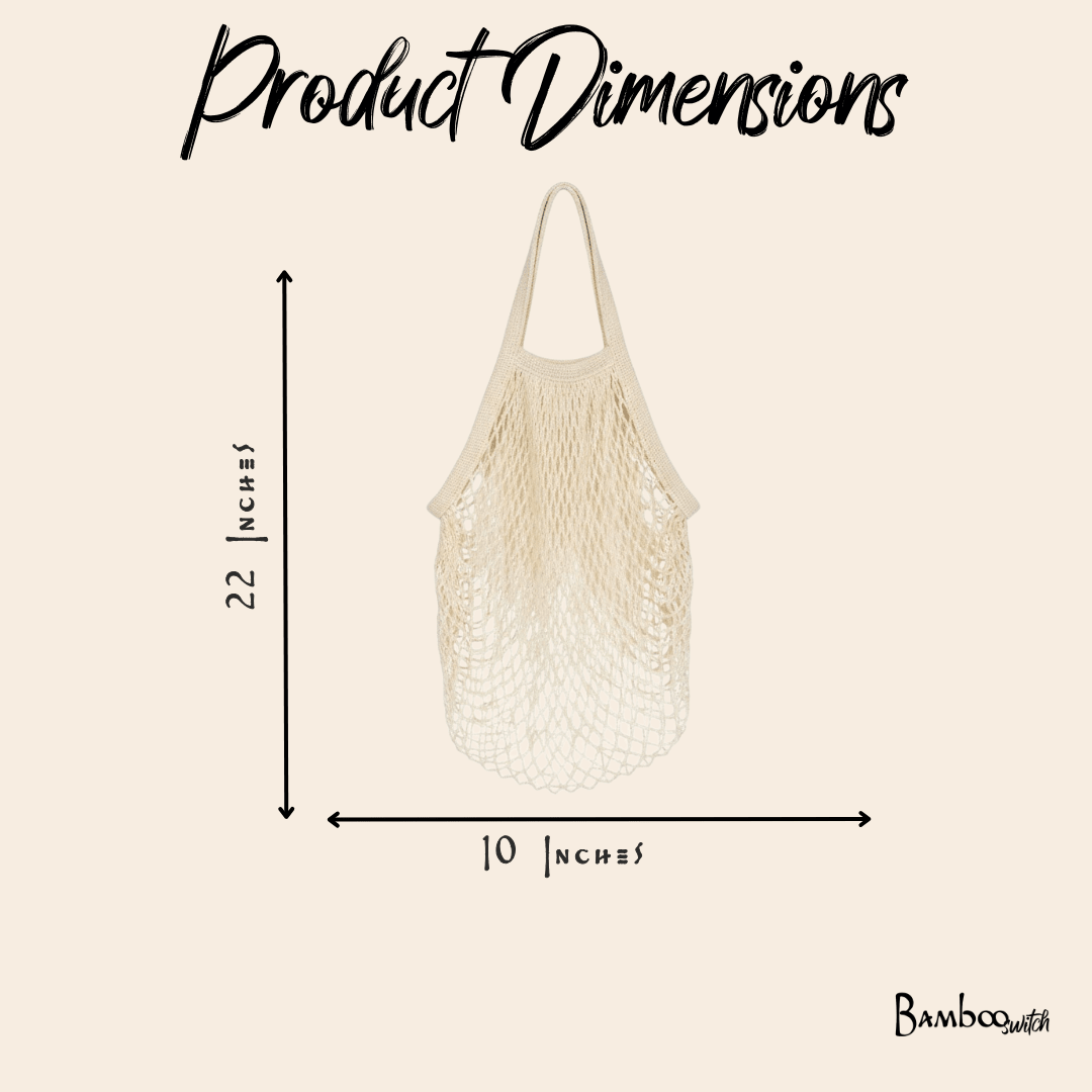 Mesh bag with dimensions labeled on a beige background