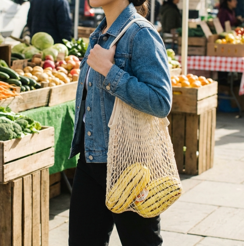 Person holding a string bag with vegetables at an outdoor farmers market.