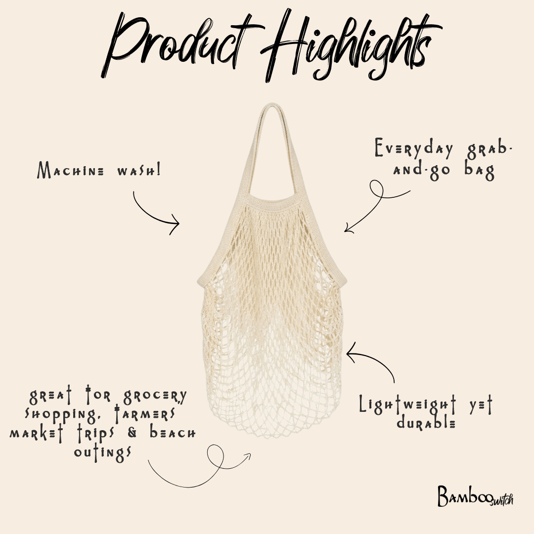 Beige mesh bag with text highlighting features on a beige background