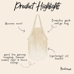 Beige mesh bag with text highlighting features on a beige background
