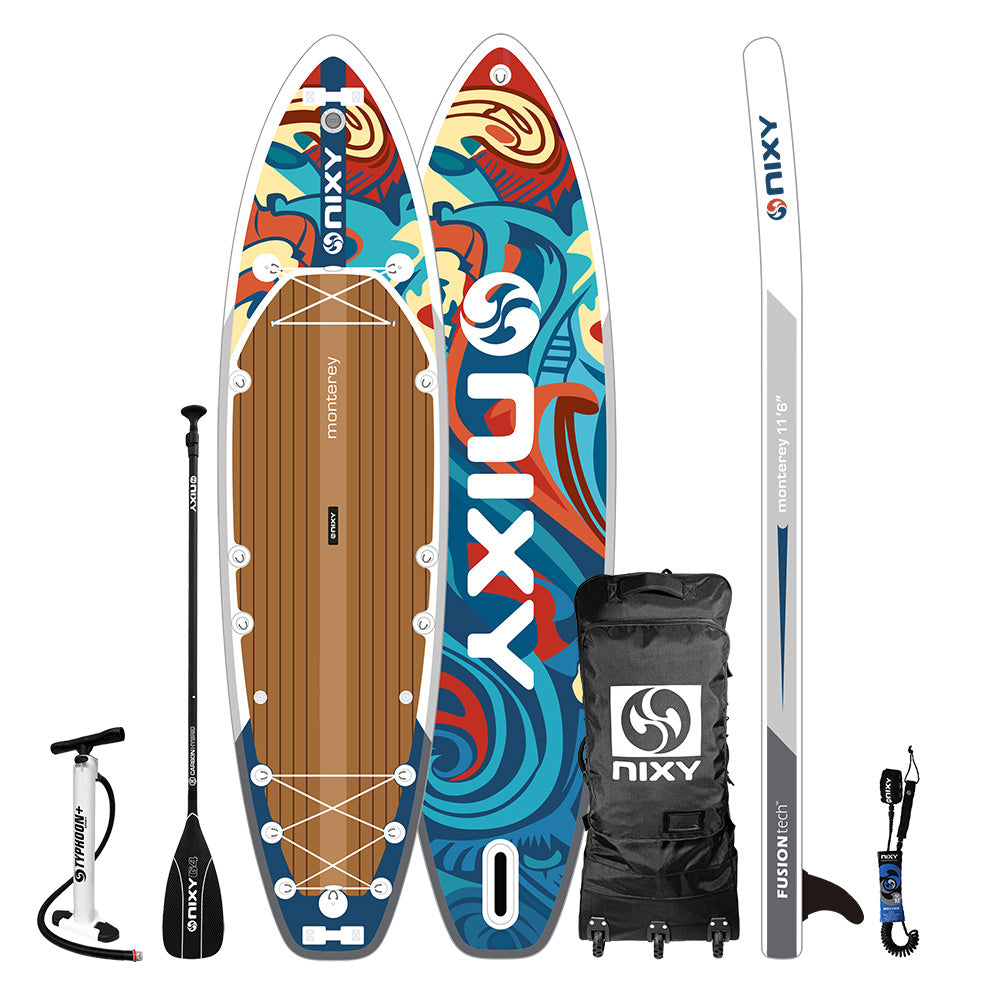 NIXY paddle board set with paddle, pump, and carrying bag on a white background