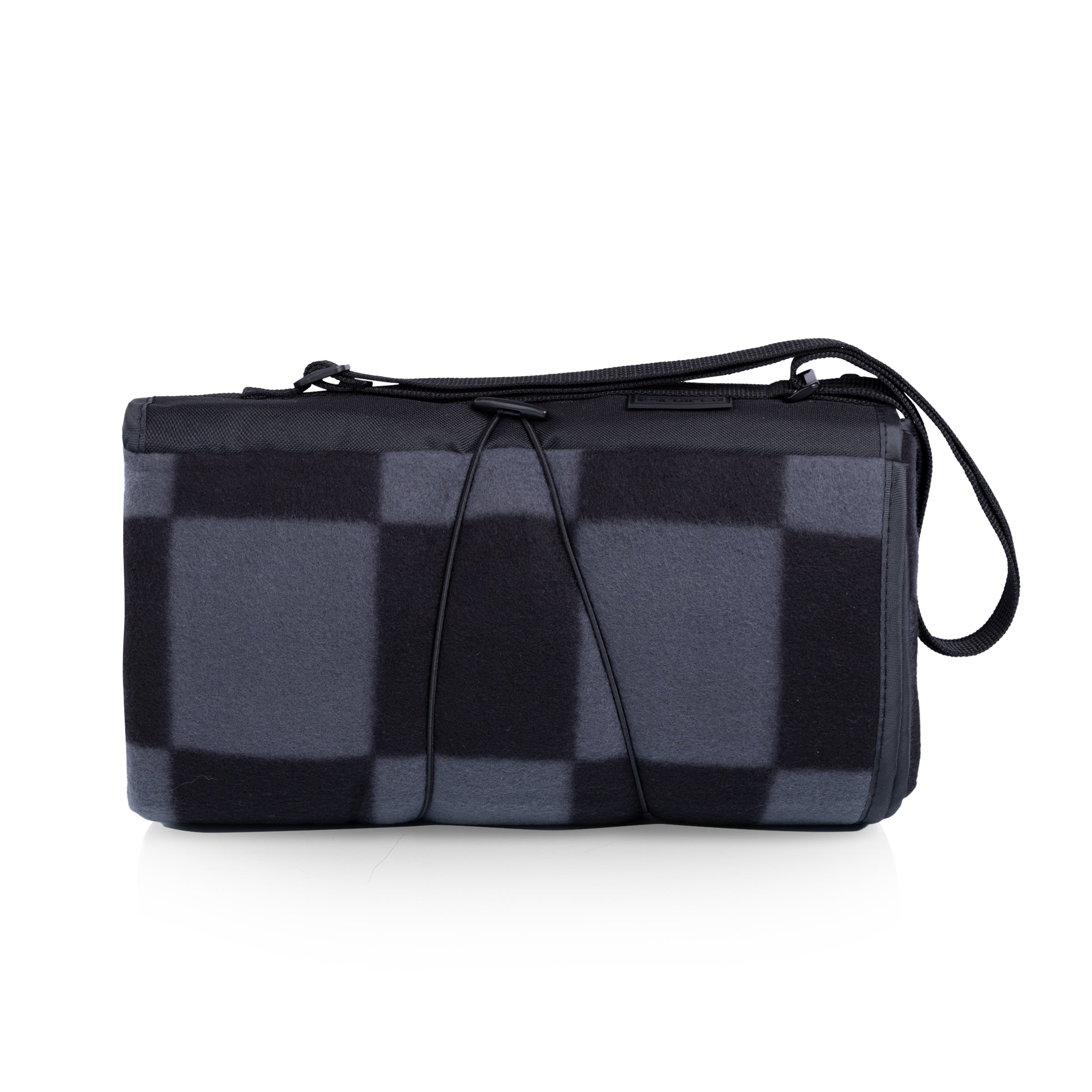 Black and gray checkered bag with a strap on a white background