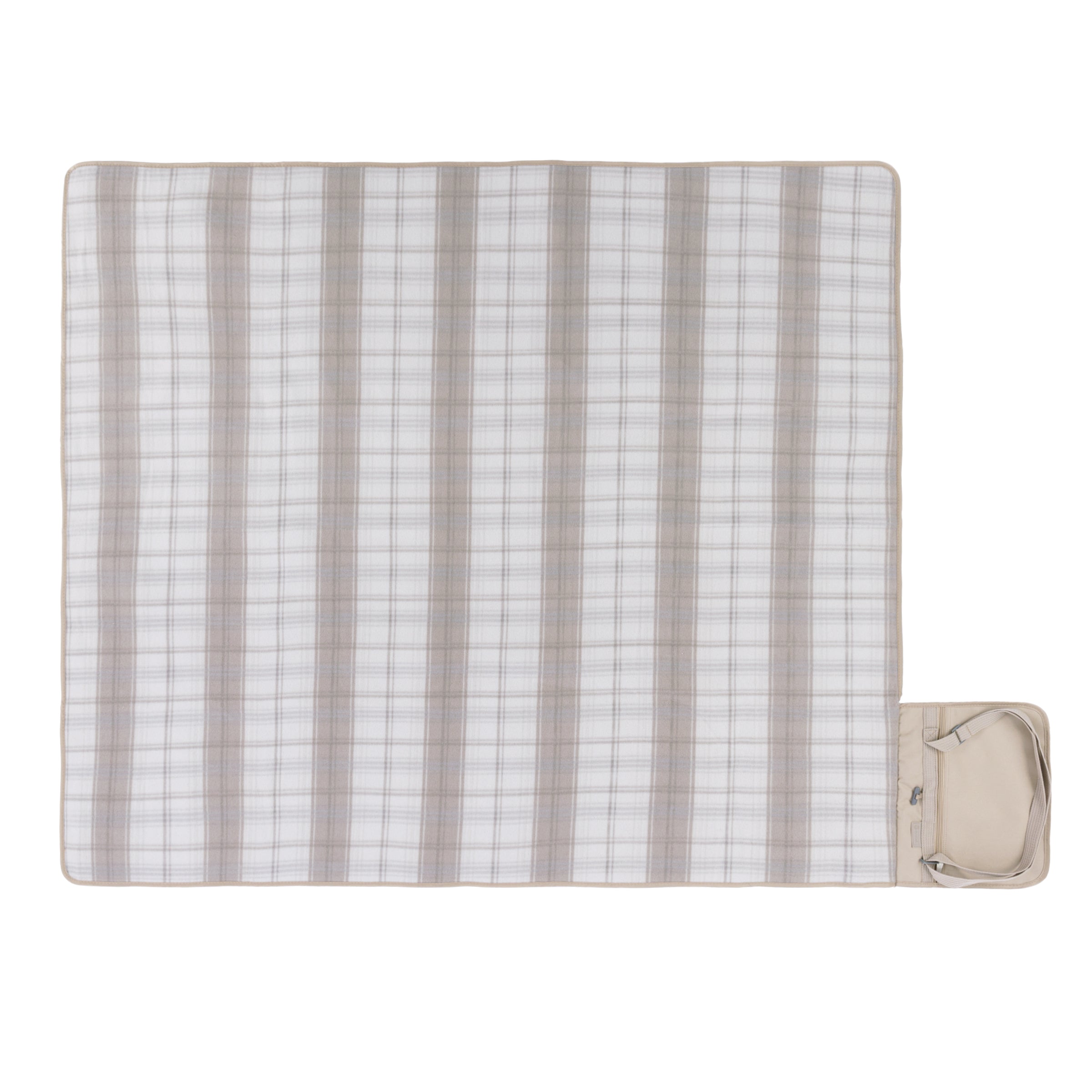 Checkered picnic blanket with a corner folded over on a white background