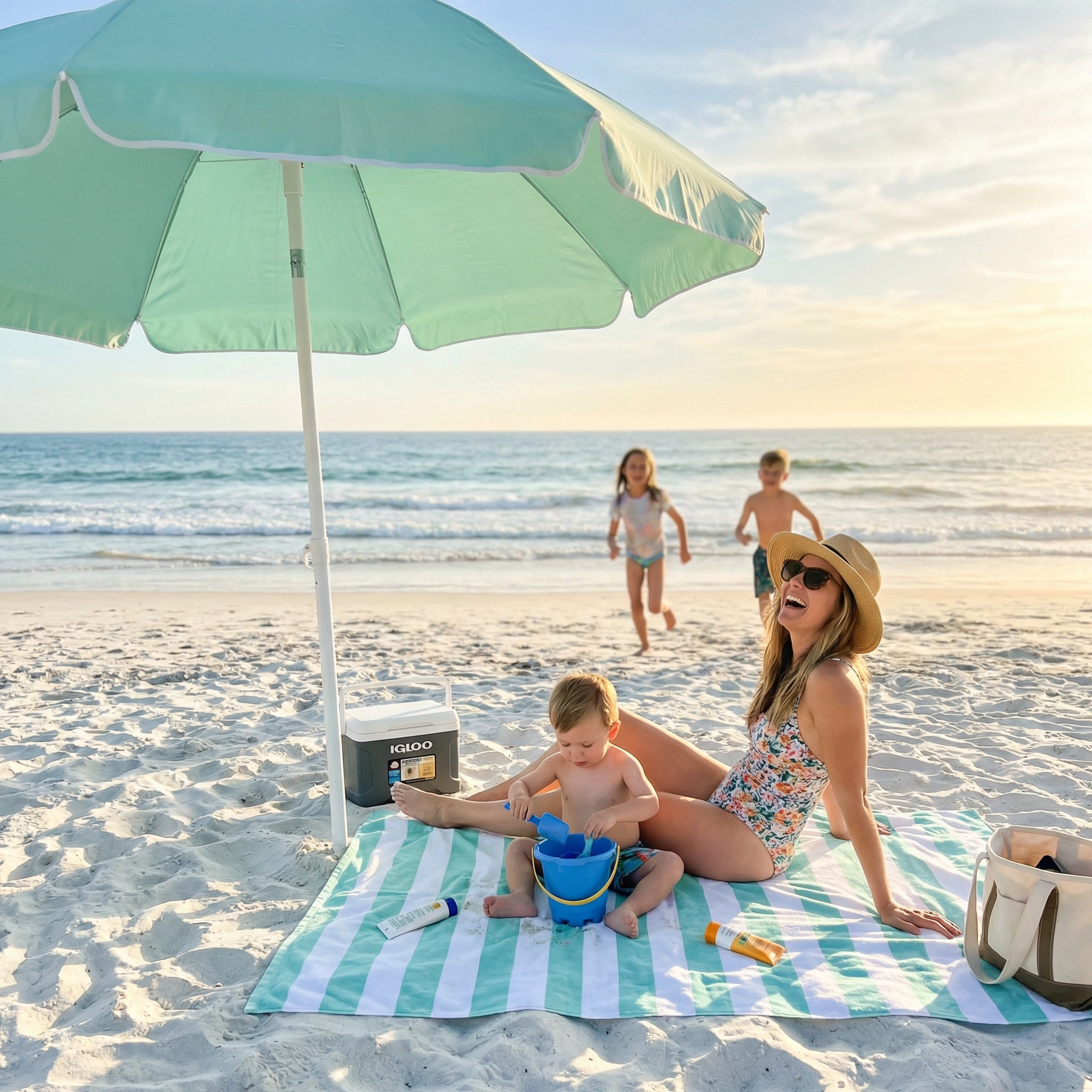 Woman with a child on a beach towel under a green umbrella with ocean and children in the background.