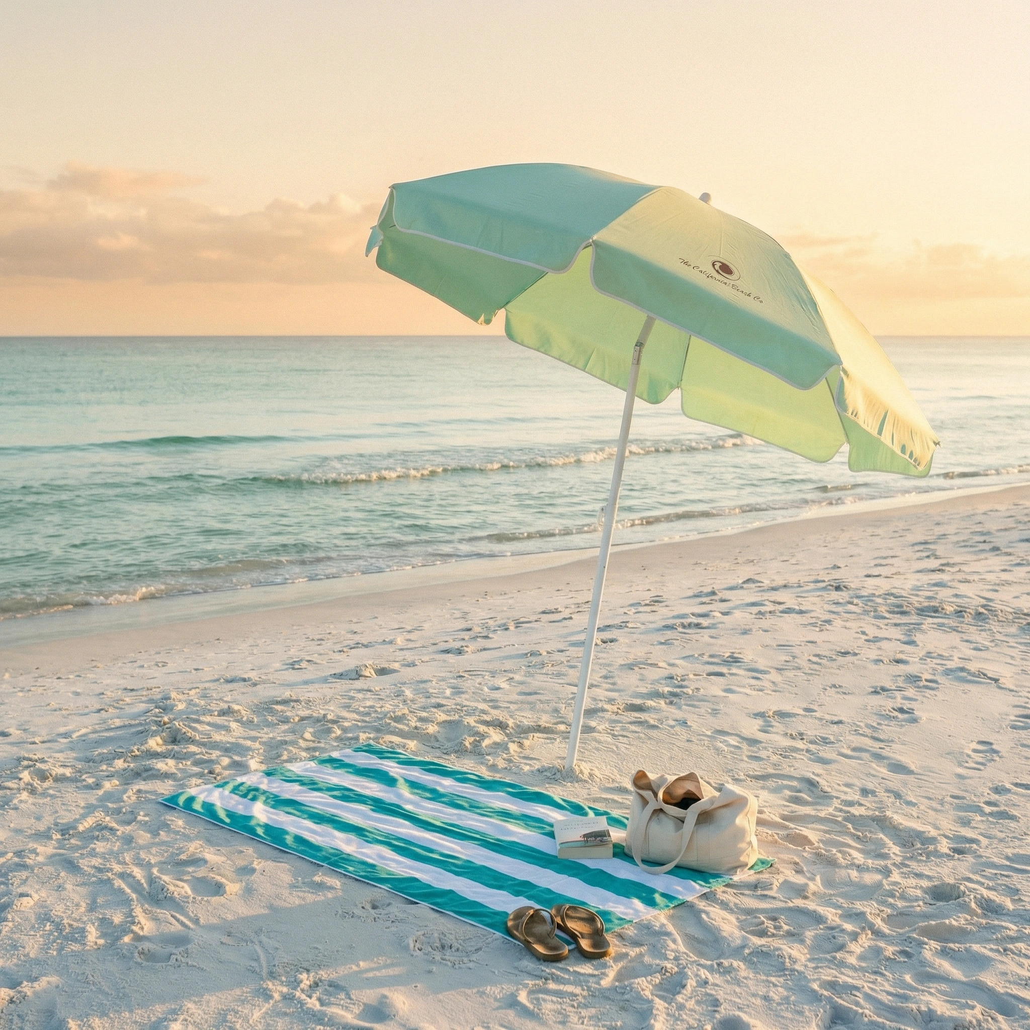 Beach scene with a green and white striped towel, sandals, and a green and white umbrella on a sandy beach.